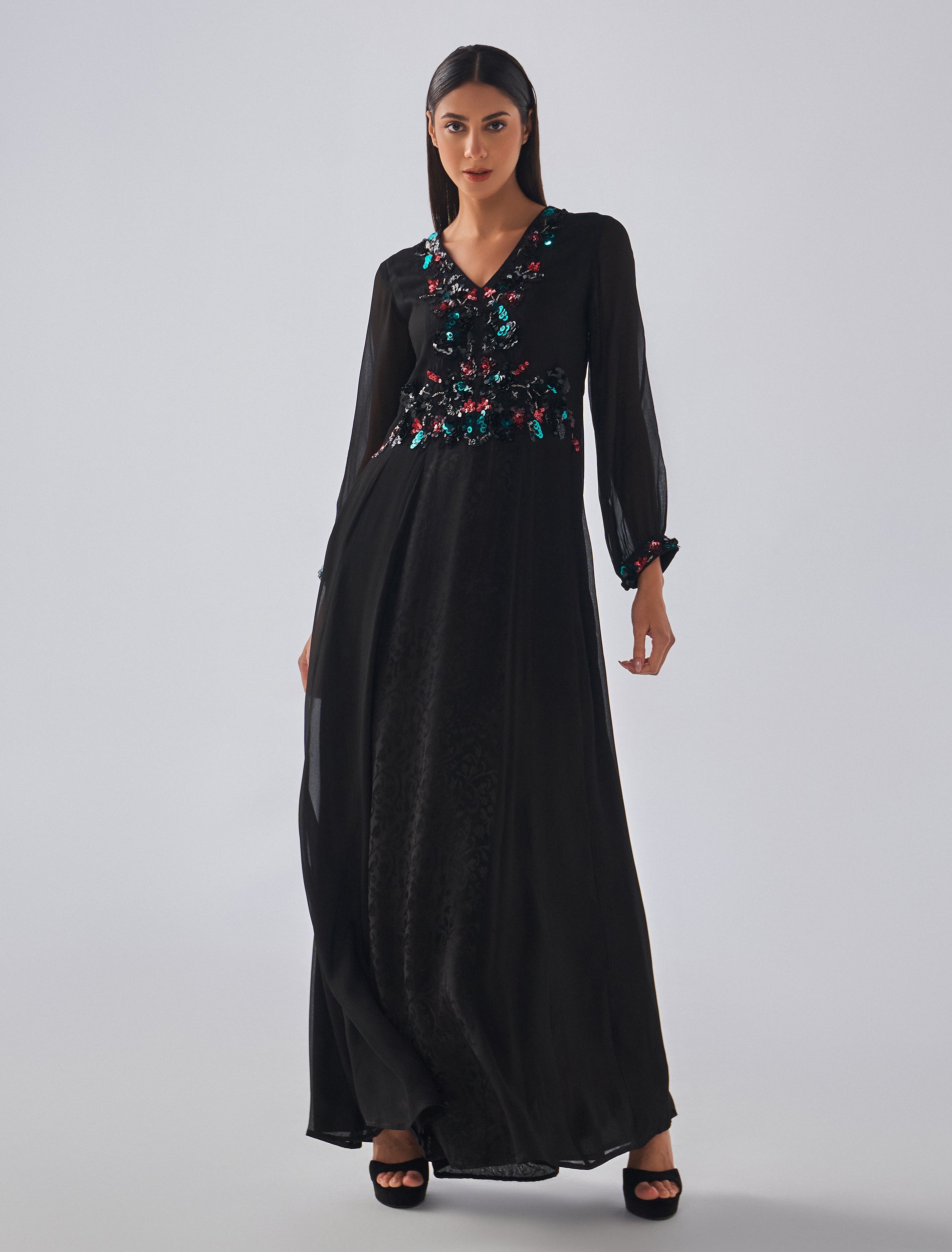 Buy Now: Long Black Velvet Dress with Chiffon Sleeves and Hand Embroidery