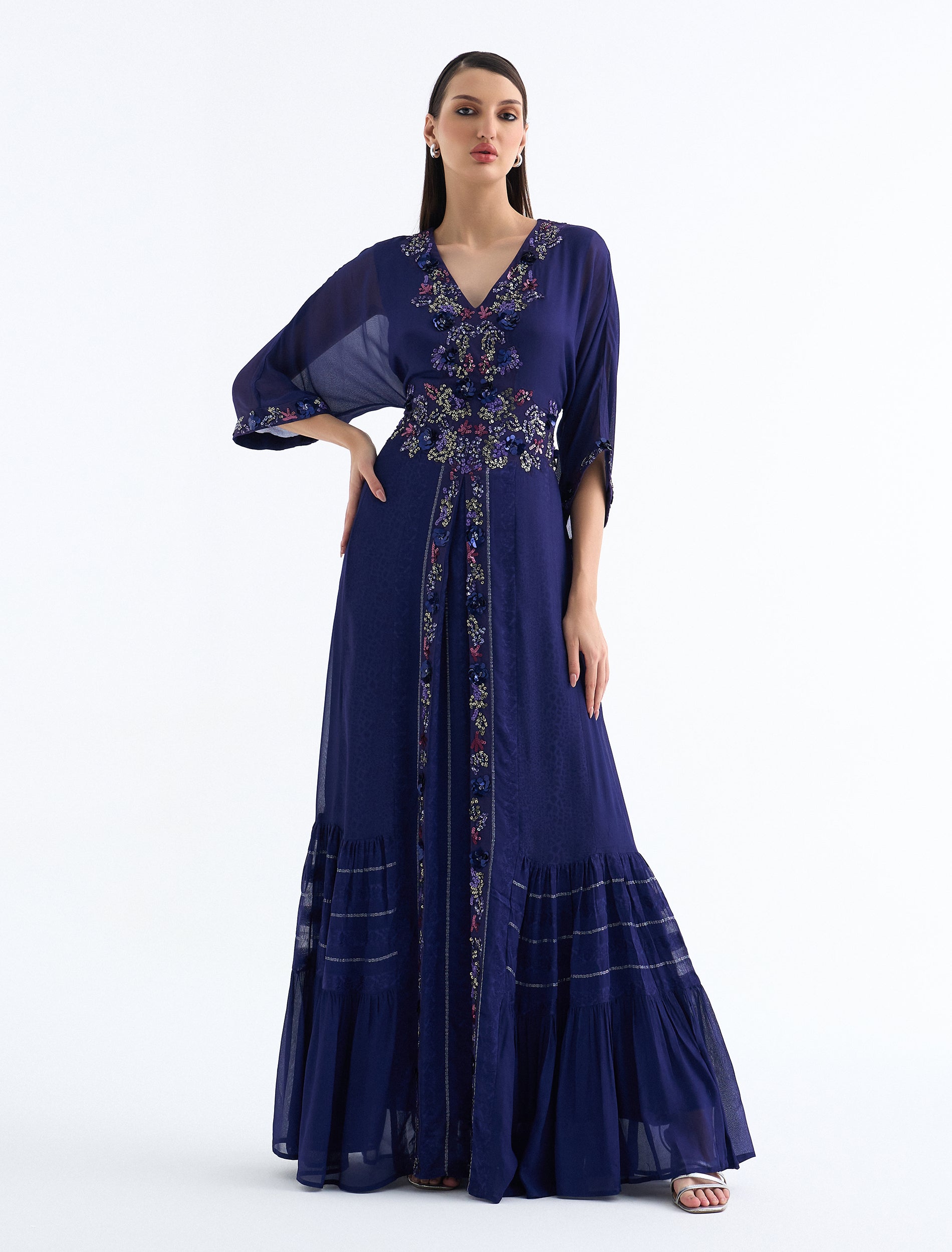 Buy Now: Dark Blue Long Evening Dress with Short Sleeves