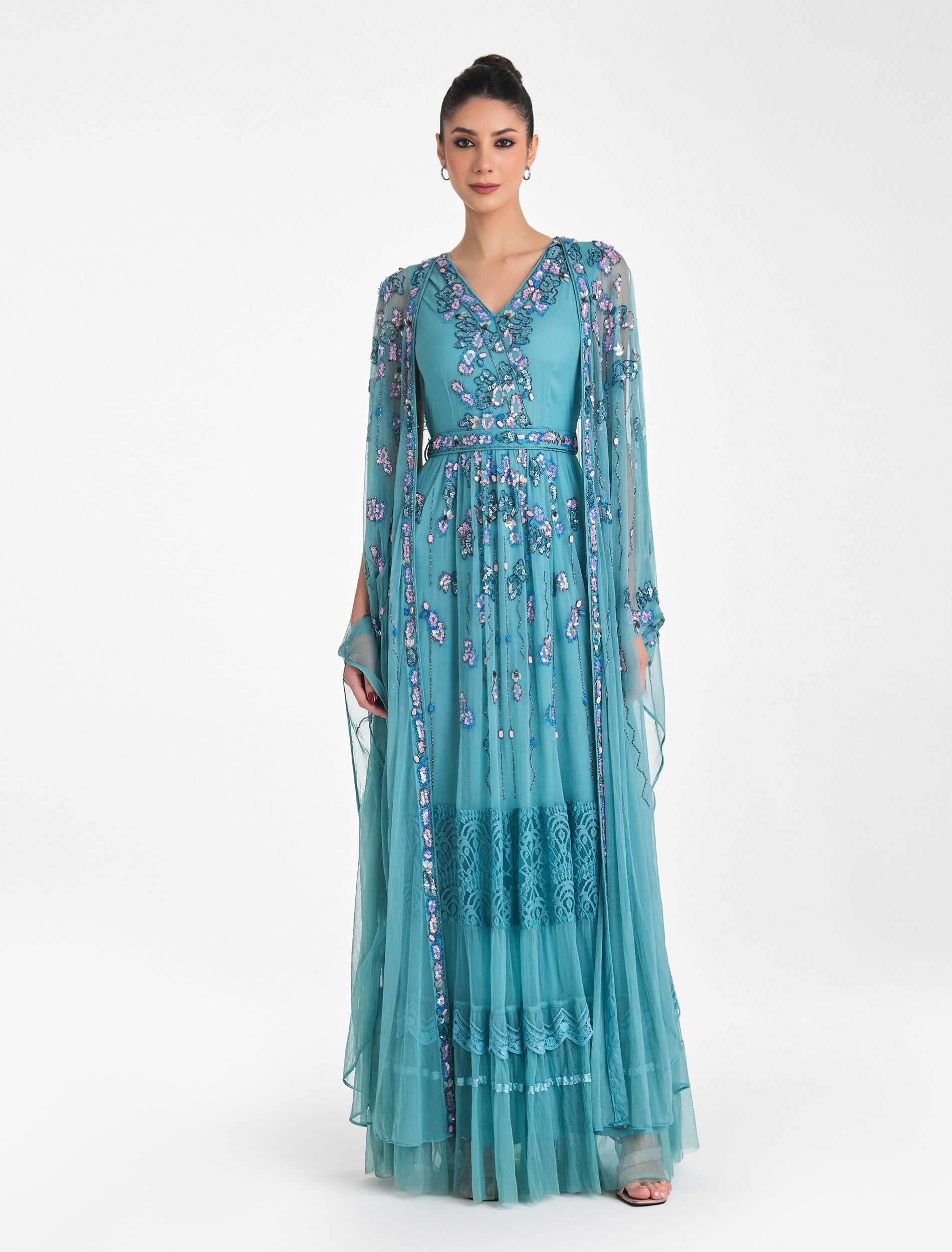 Long Light Turquoise Evening Dress with a Chiffon Cape