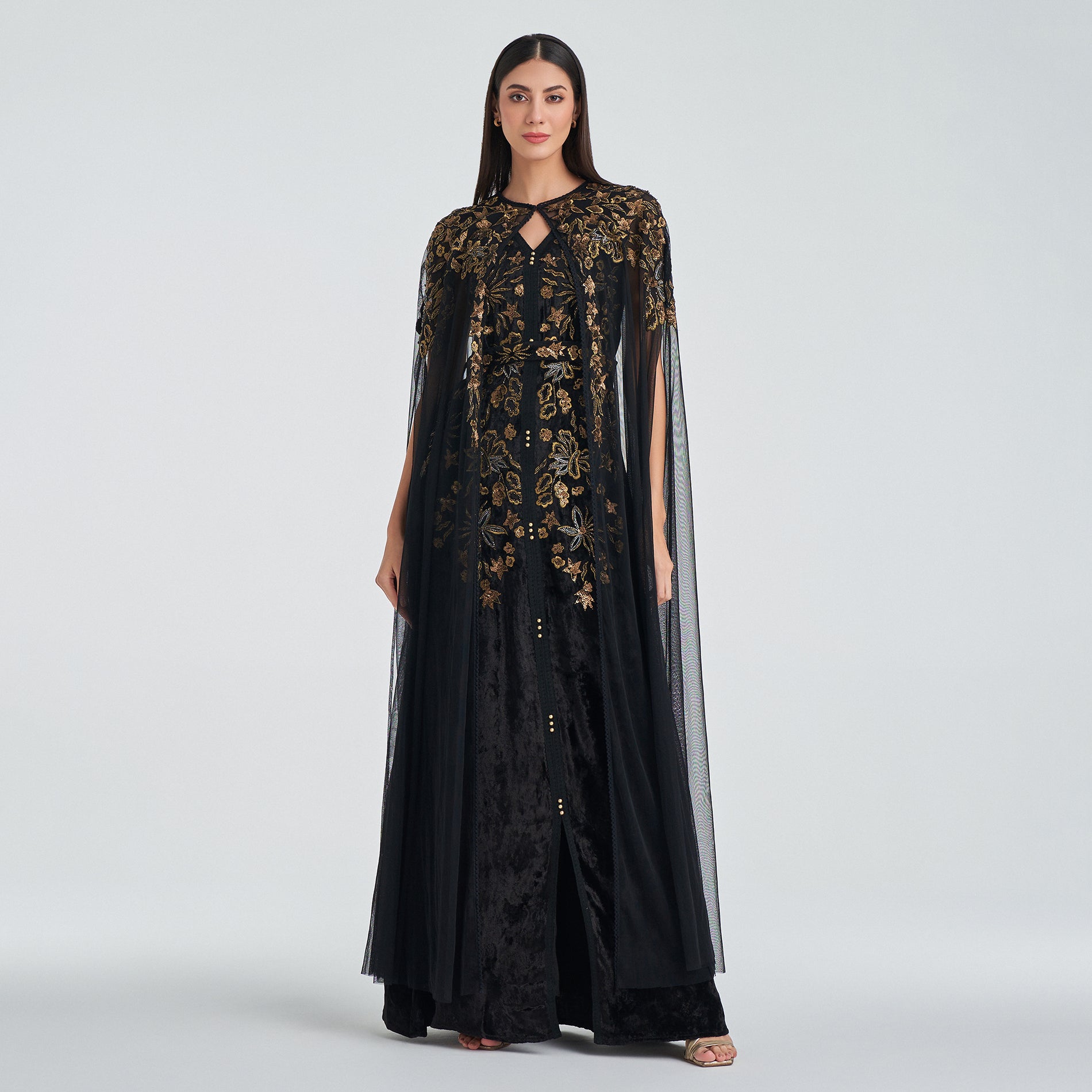 Shine in Shalky's Black Velvet Dress with Gold Embroidery
