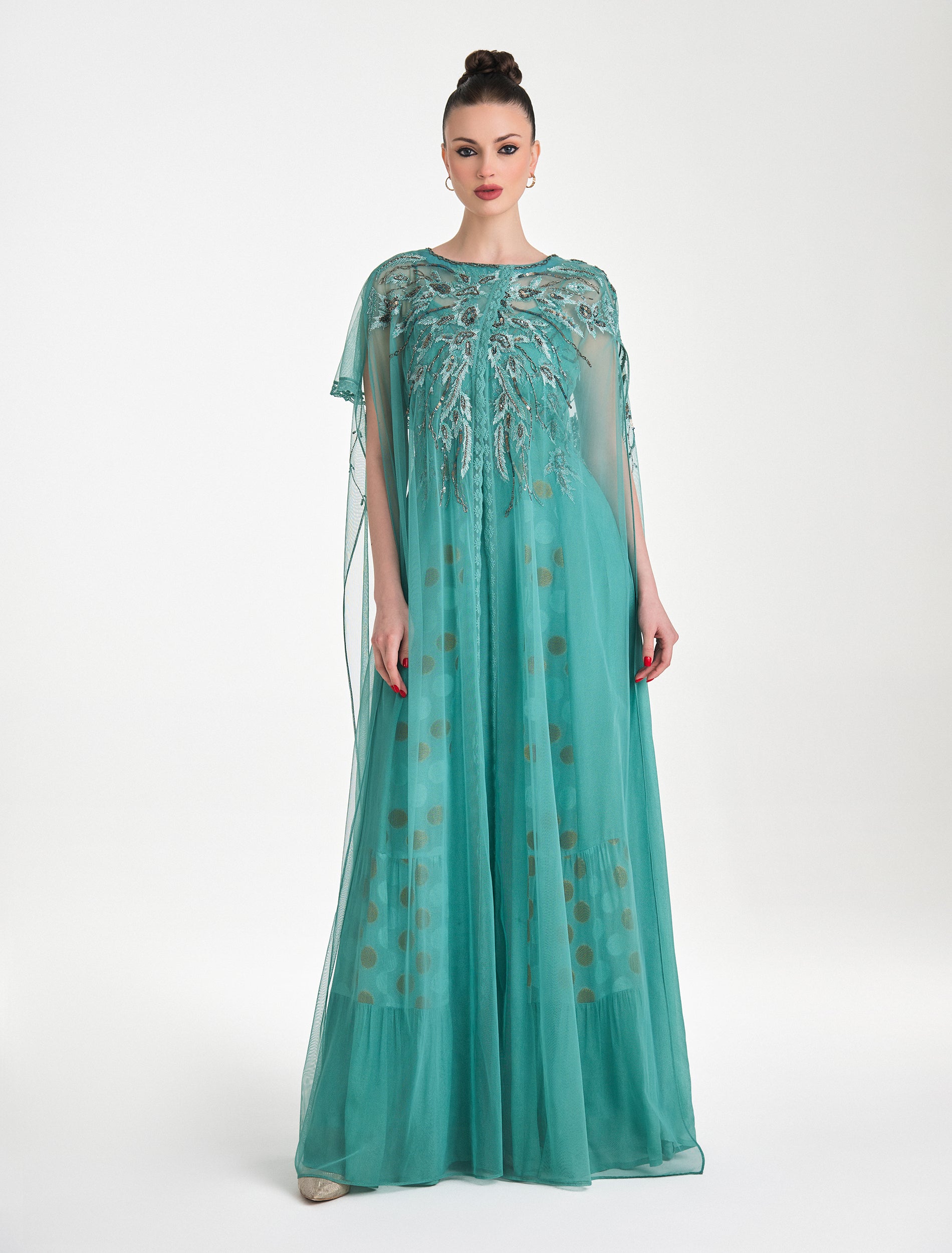 Long Turquoise Evening Dress with open, loose cape sleeves Long Turquoise Evening Dress with open, loose cape sleeves