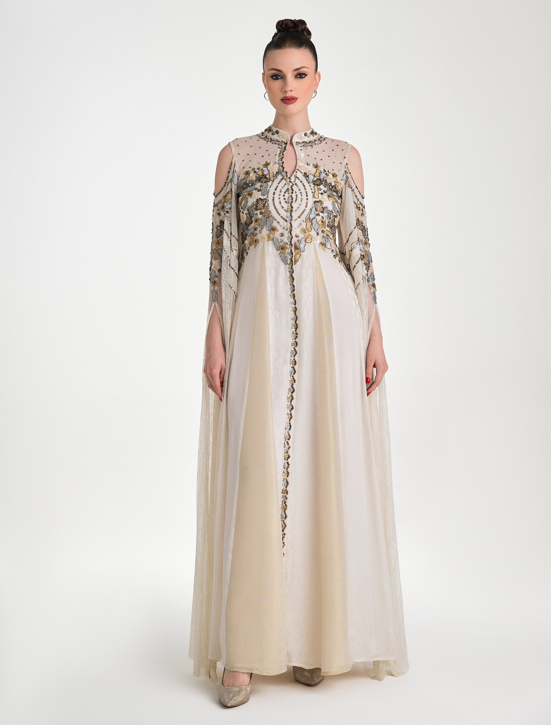 Ivory Hand-Embroidered Evening Dress in Jacquard and Lace Ivory Hand-Embroidered Evening Dress in Jacquard and Lace