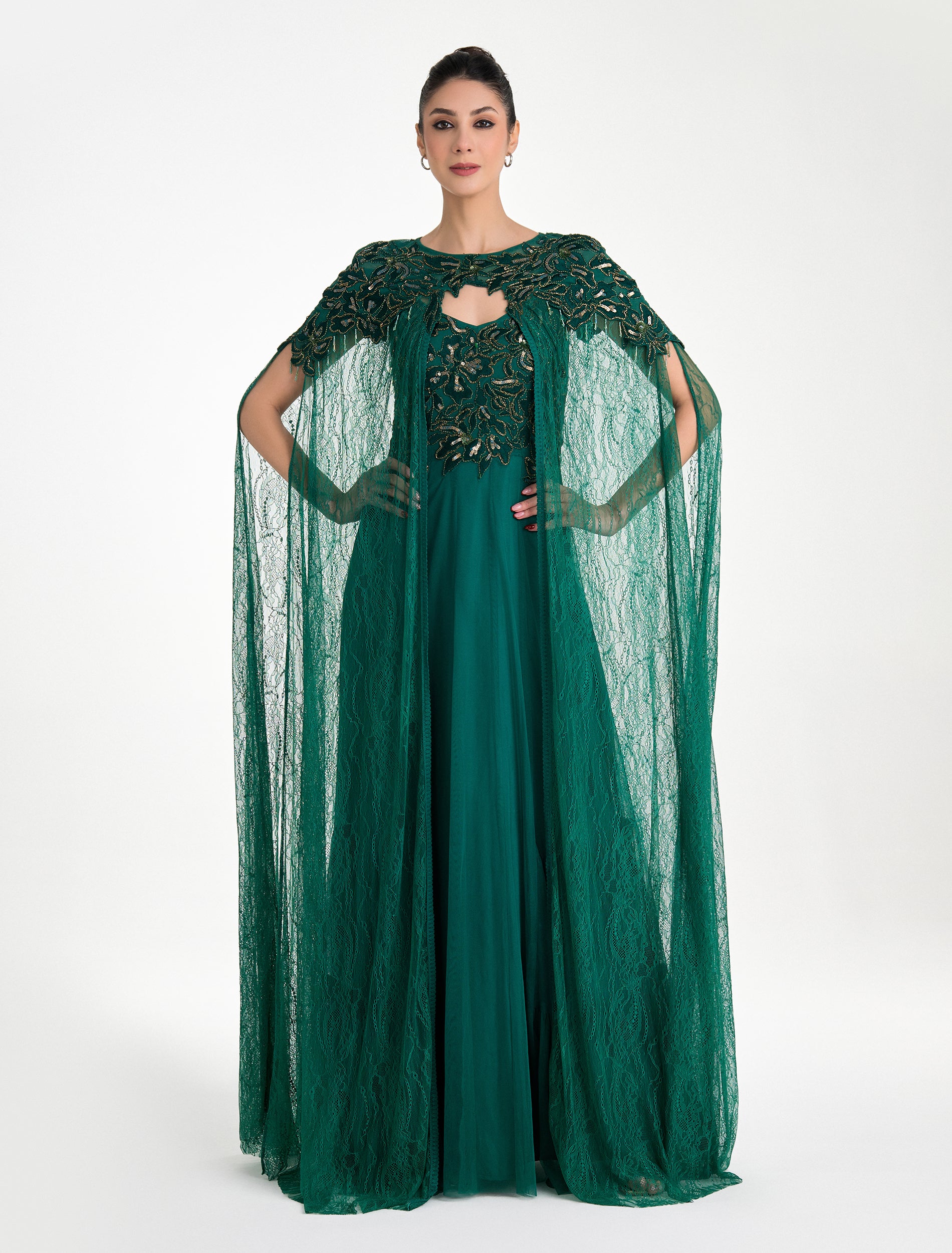 Shop Now: Shalky's Long Dark Green Dress with a Stunning Long Cape!