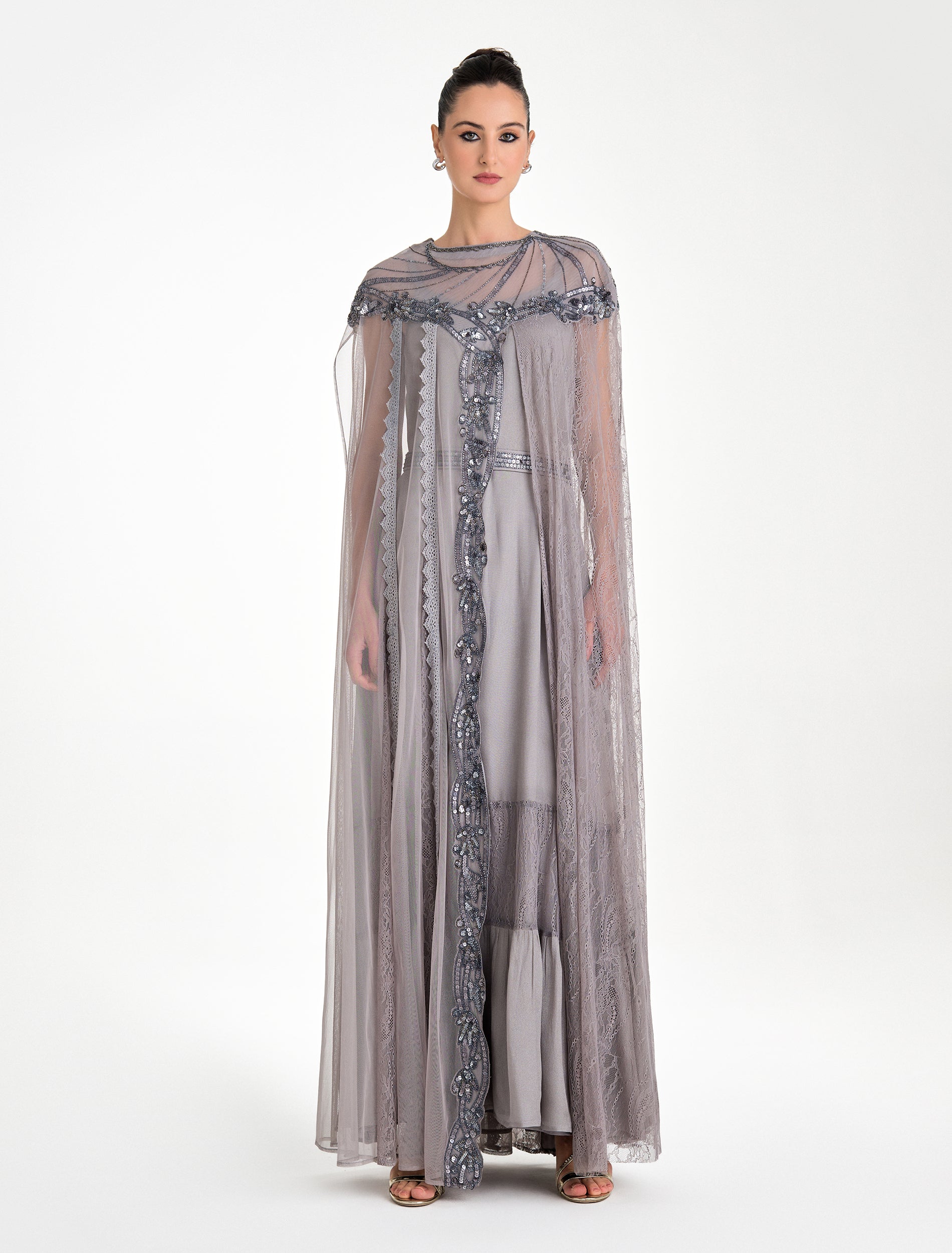 Shop Shalky's Grey Lace Evening Dress with Vertical Hand Embroidery Shop Shalky's Grey Lace Evening Dress with Vertical Hand Embroidery