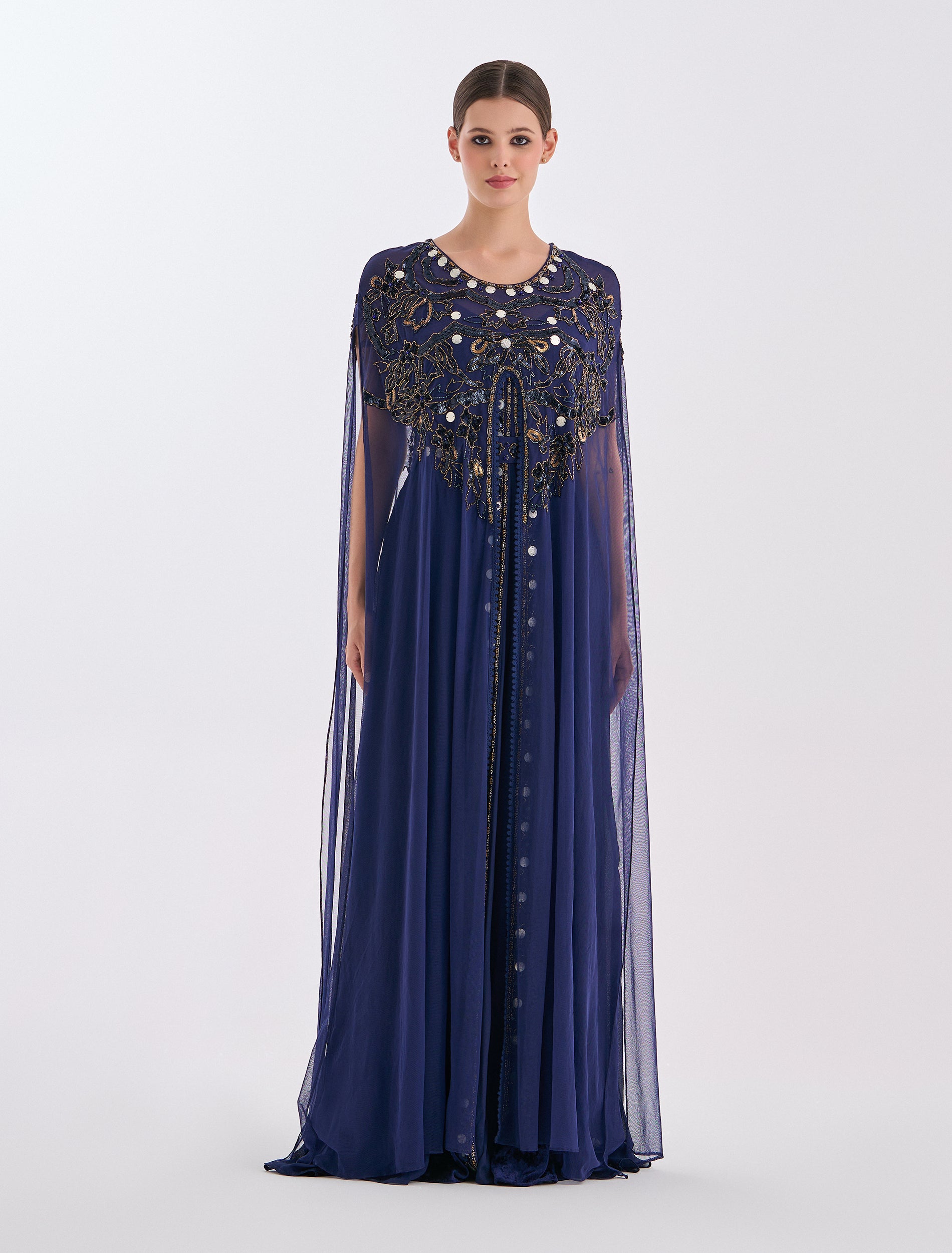 Navy blue dress in velvet with gold embroidery