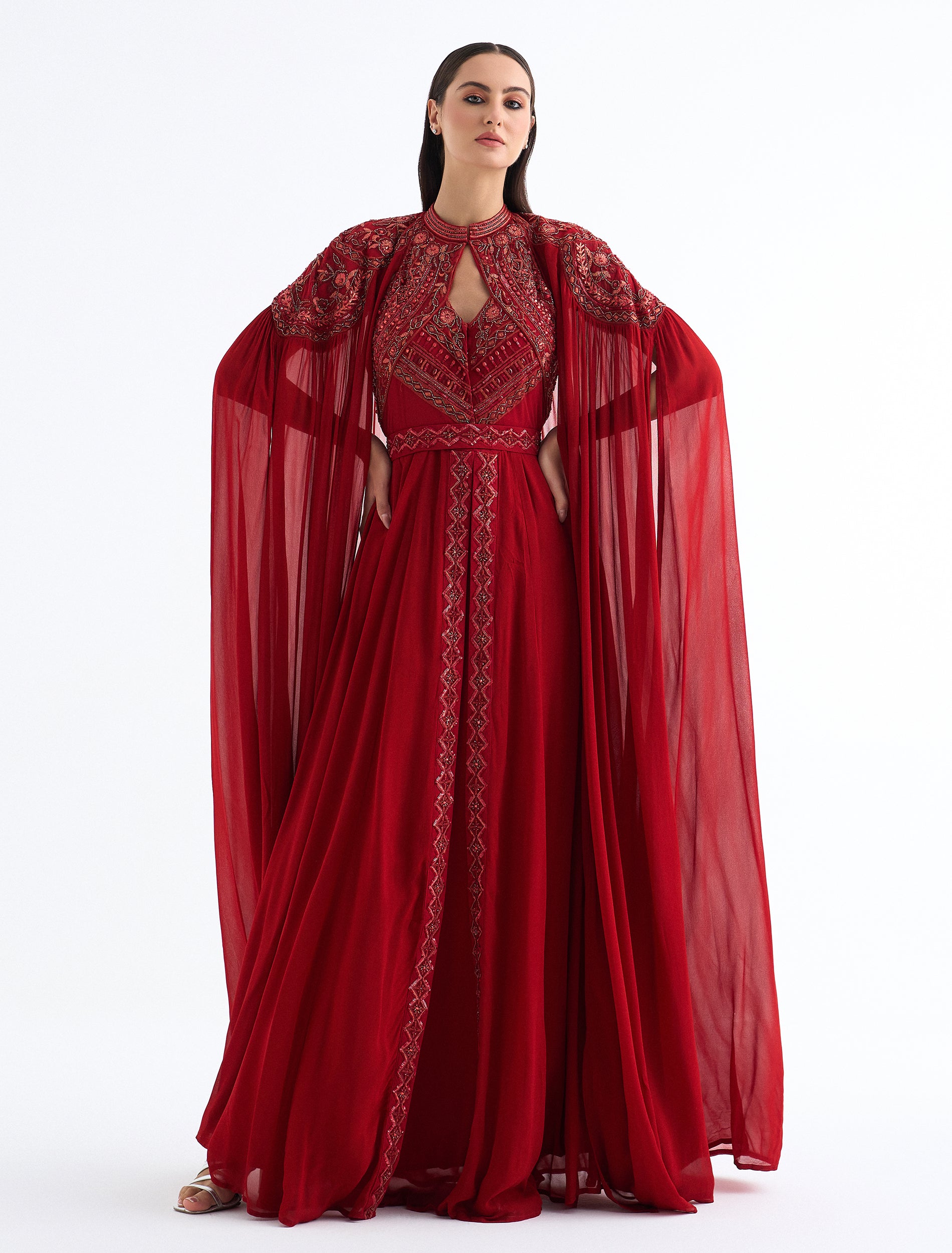 Burgundy Evening Dress with Hand Embroidery and Long Cape Sleeves Burgundy Evening Dress with Hand Embroidery and Long Cape Sleeves