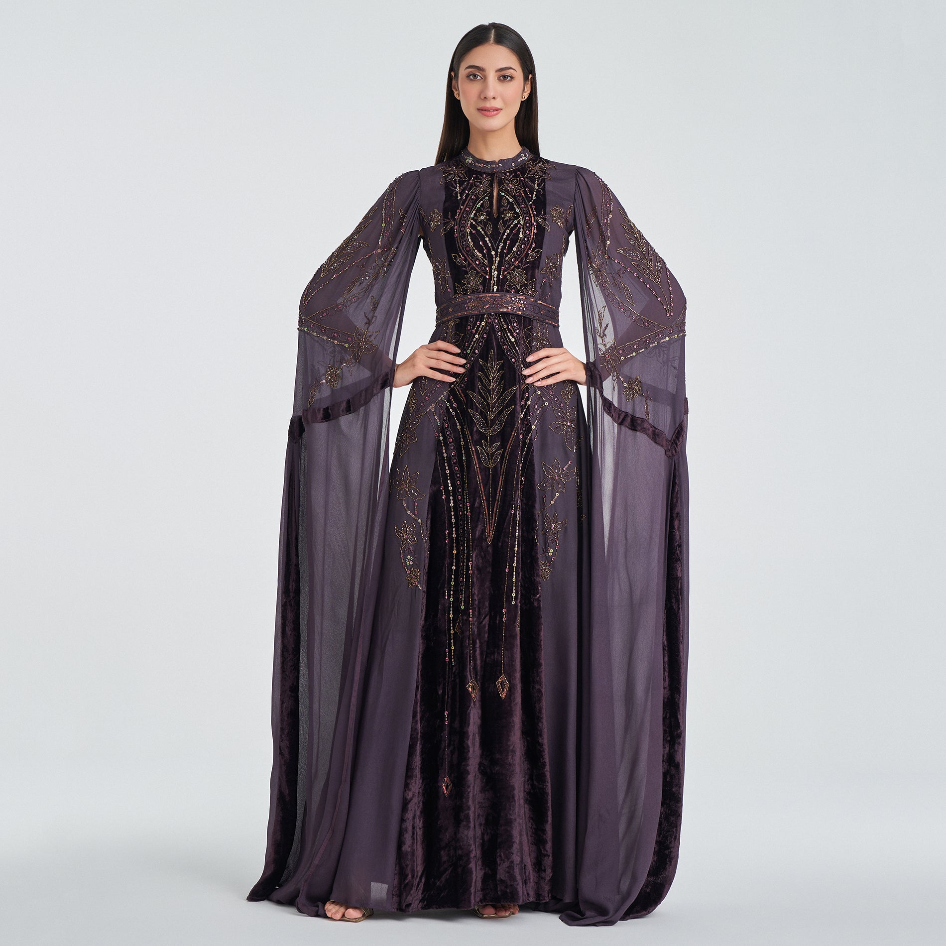 Start Shopping Now: Dark Mauve Evening Dress with Hand Embroidery and Velvet Details Start Shopping Now: Dark Mauve Evening Dress with Hand Embroidery and Velvet Details