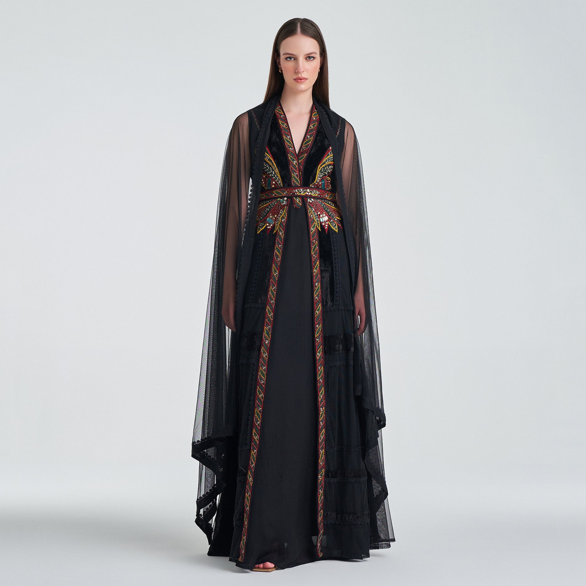 Shalky's Long Black Dress with Oriental Embroidery and a Long Cape. Shalky's Long Black Dress with Oriental Embroidery and a Long Cape.