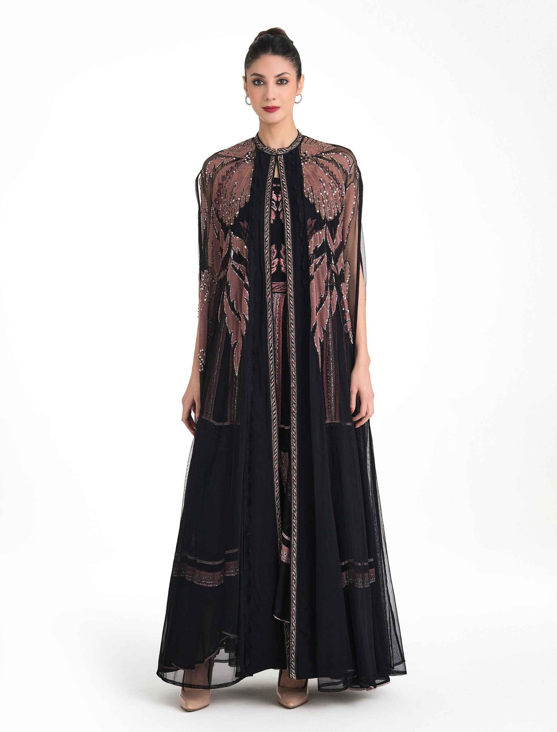Shop Shalky's Long Black Outfit with Intricate Floral Embroidery! Shop Shalky's Long Black Outfit with Intricate Floral Embroidery!