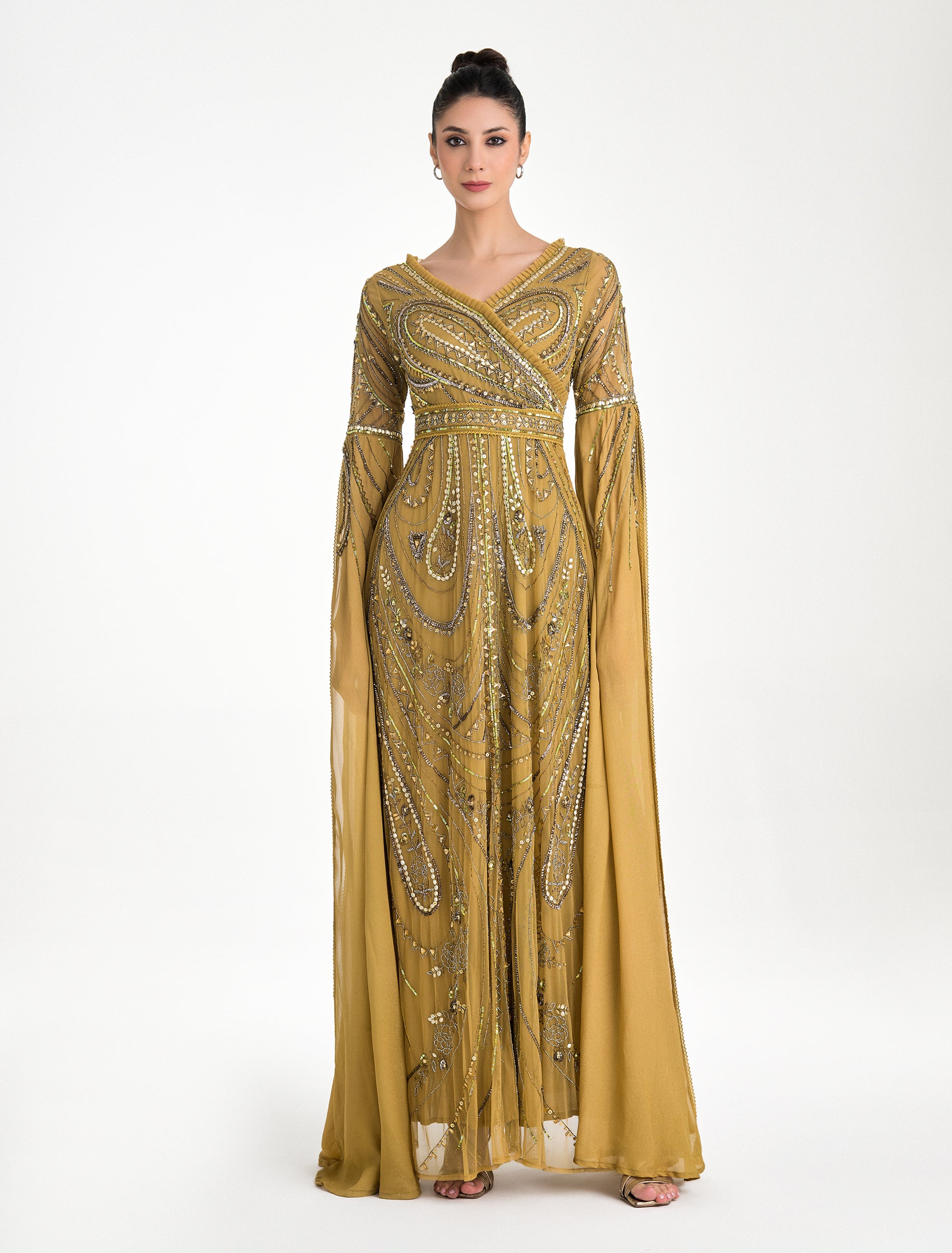 Long-Sleeve Dress in Mustard yellow with Hand Embroidery Long-Sleeve Dress in Mustard yellow with Hand Embroidery