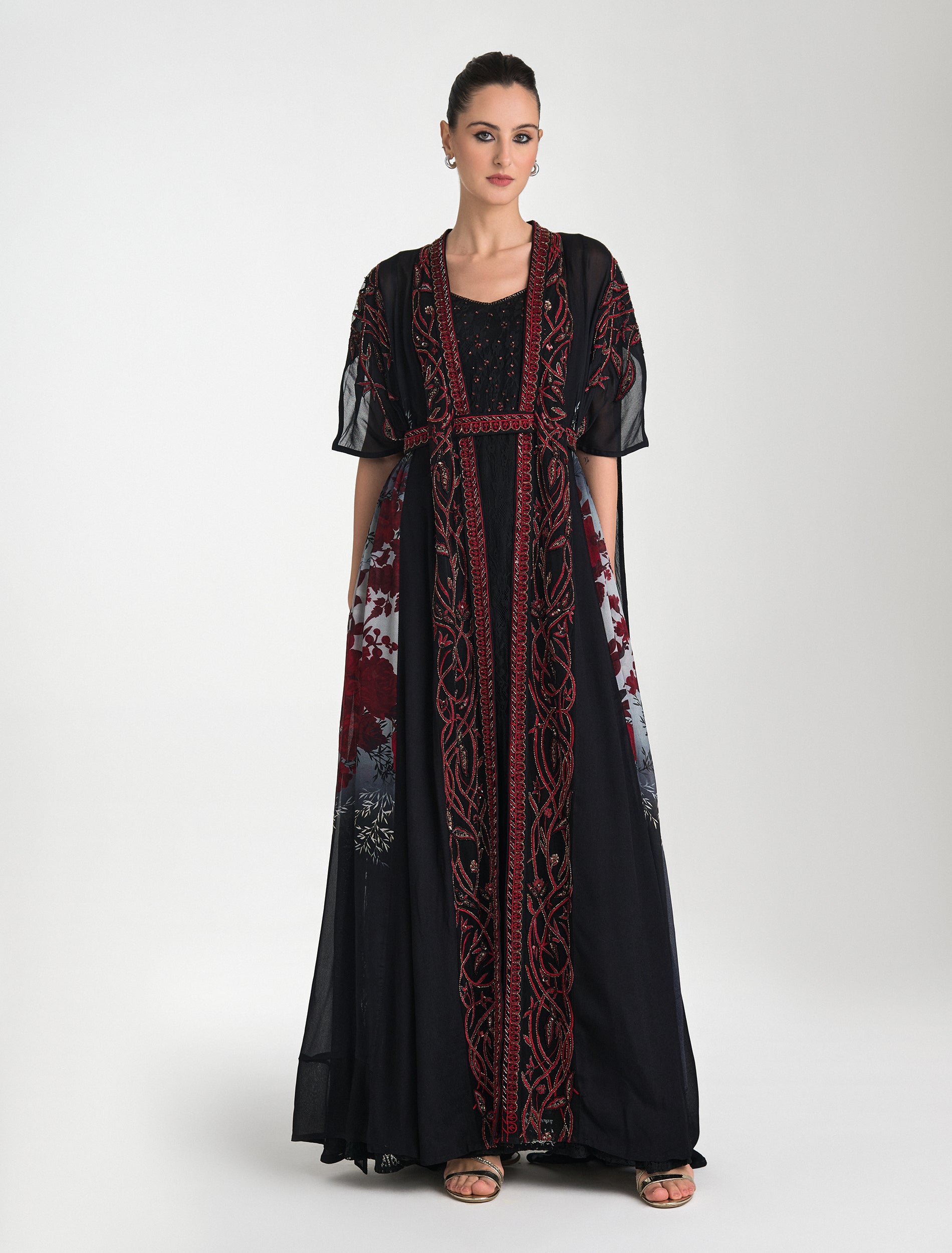 Shop Now: Long Embroidered Evening Dress with Red Embroidery and Luxurious Middle Eastern Details! Shop Now: Long Embroidered Evening Dress with Red Embroidery and Luxurious Middle Eastern Details!