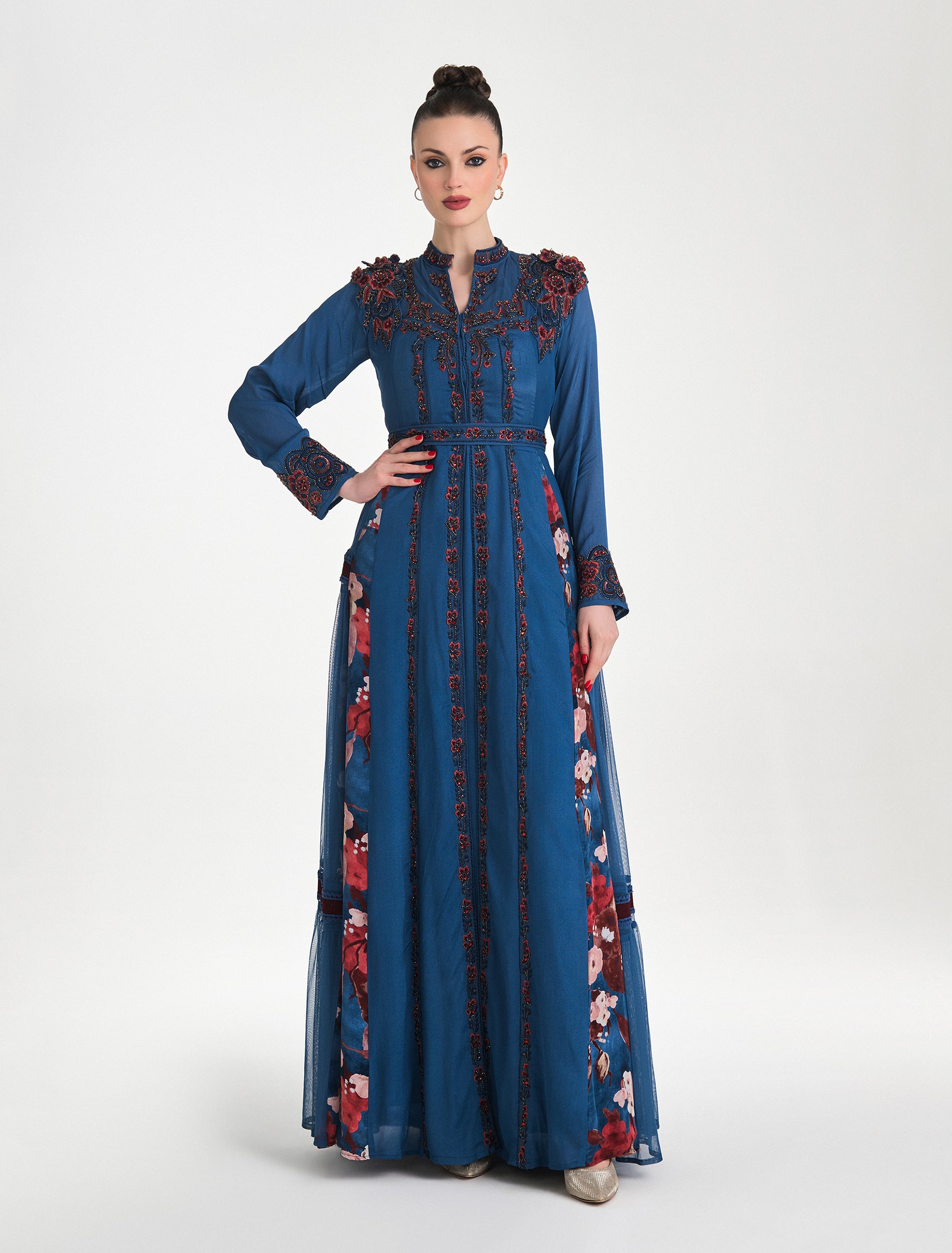 Modest Dark Blue Chiffon Evening Dress Embroidered with Flared Chiffon Modest Dark Blue Chiffon Evening Dress Embroidered with Flared Chiffon