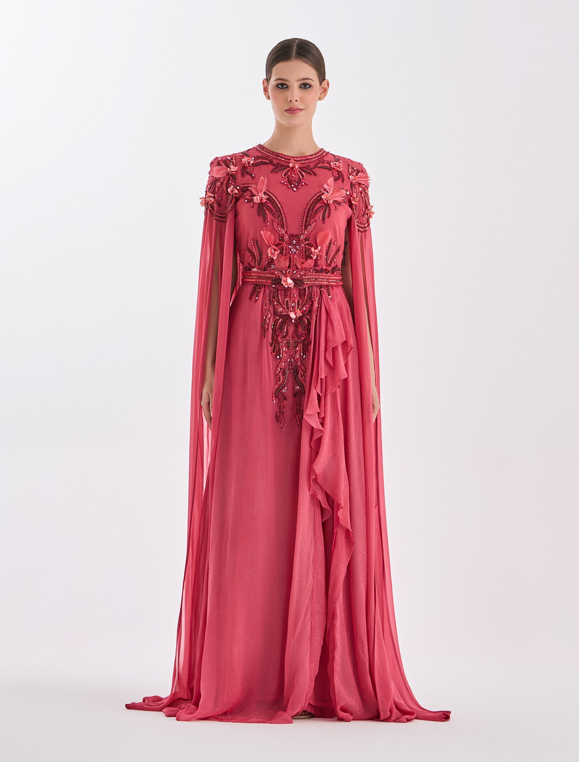 elegant pink maxi dress Pink maxi dress with pearl embroidery & long cape
