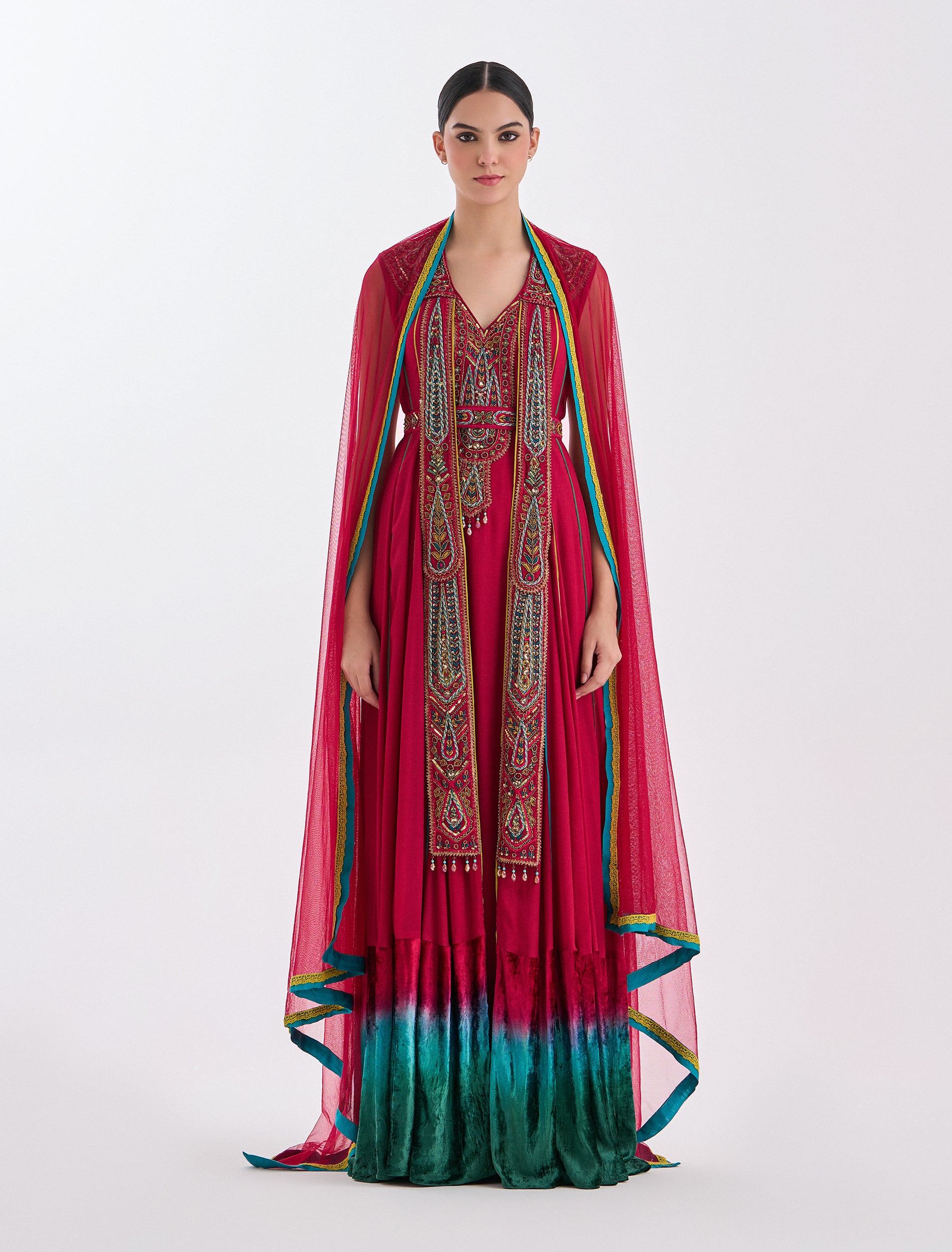 Long red dress in velvet with traditional embroidery