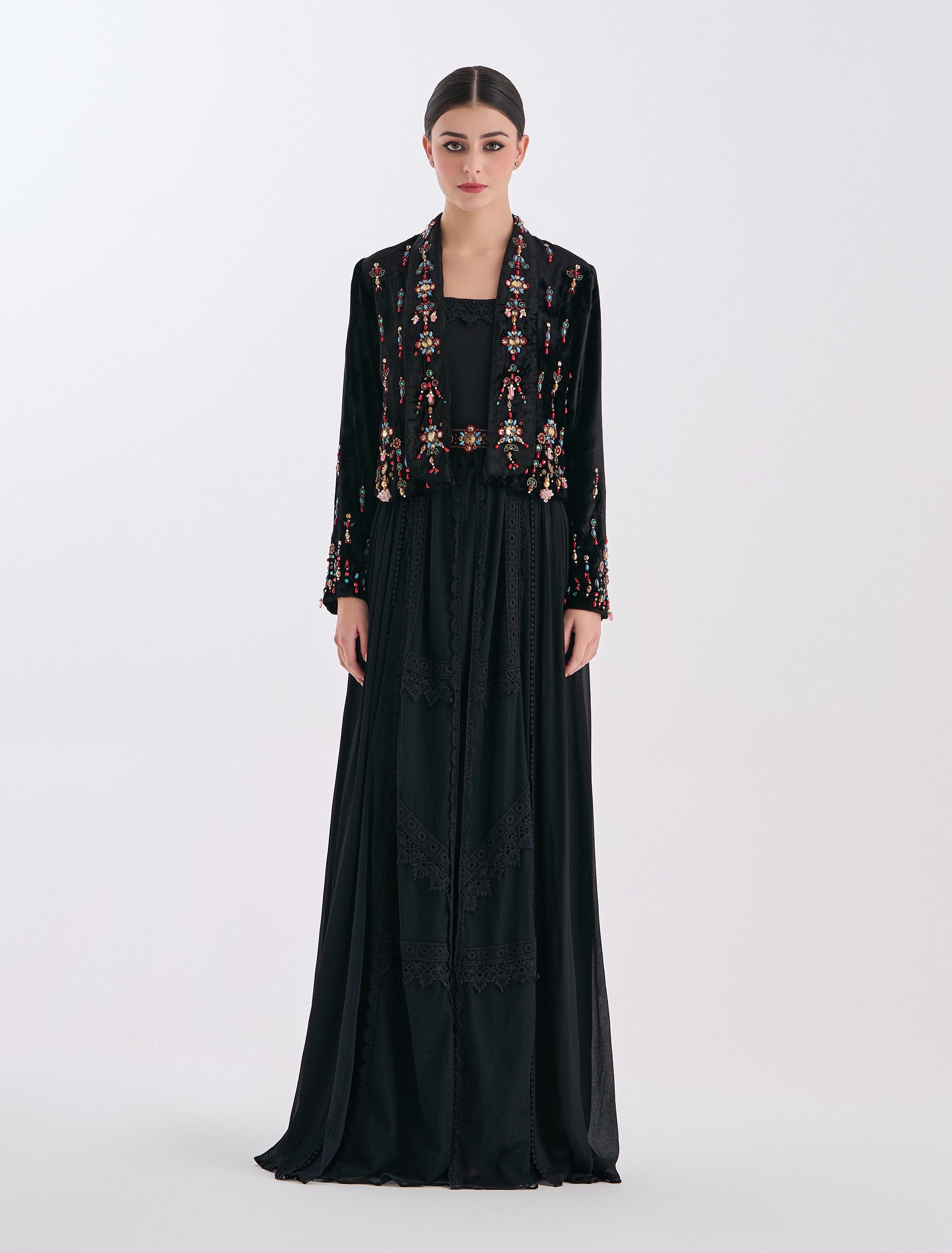 Black Velvet dress with floral-embroidered bolero Black Velvet dress with floral-embroidered bolero