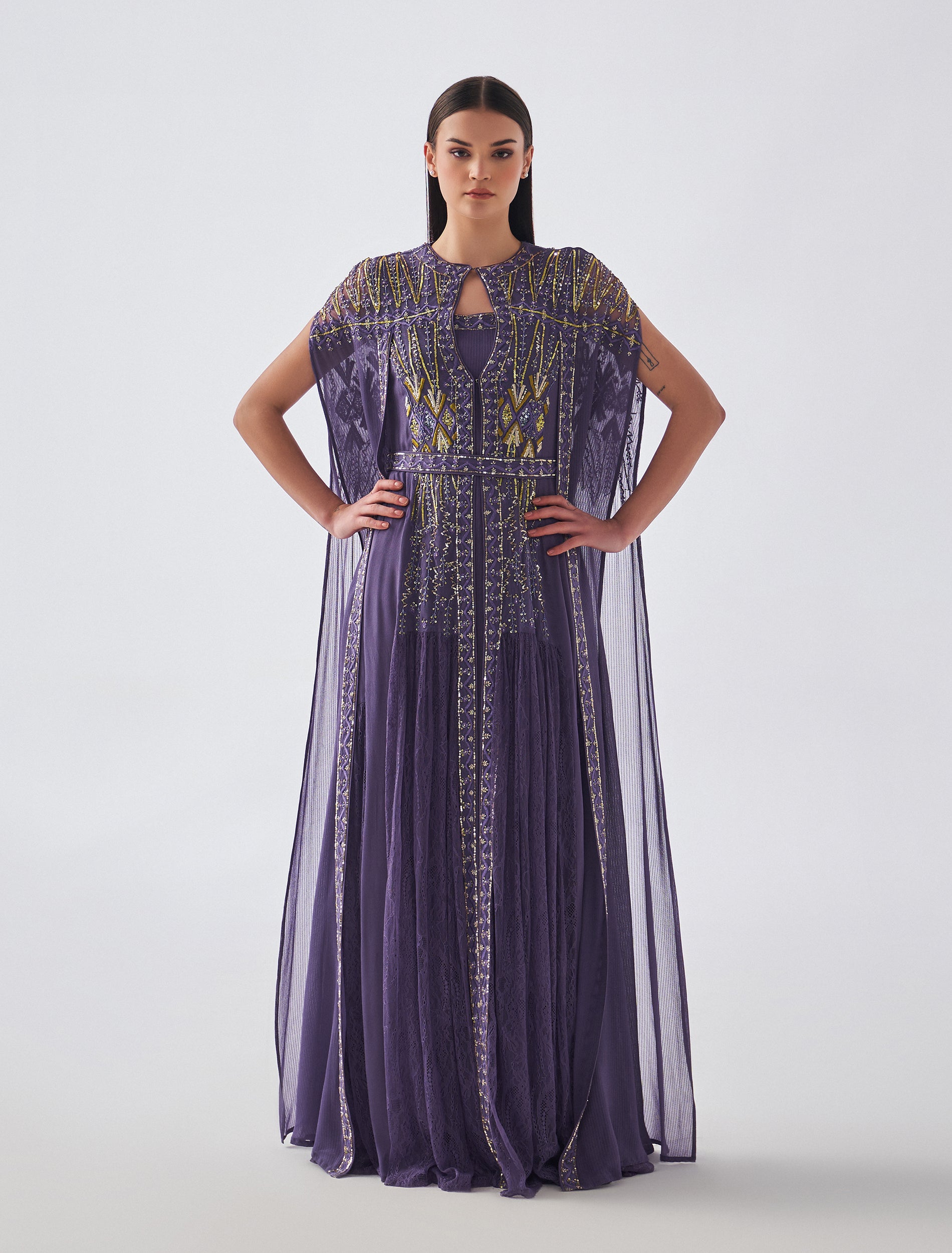 Long Cape Evening Dress with Embroidery Long Cape Evening Dress with Embroidery