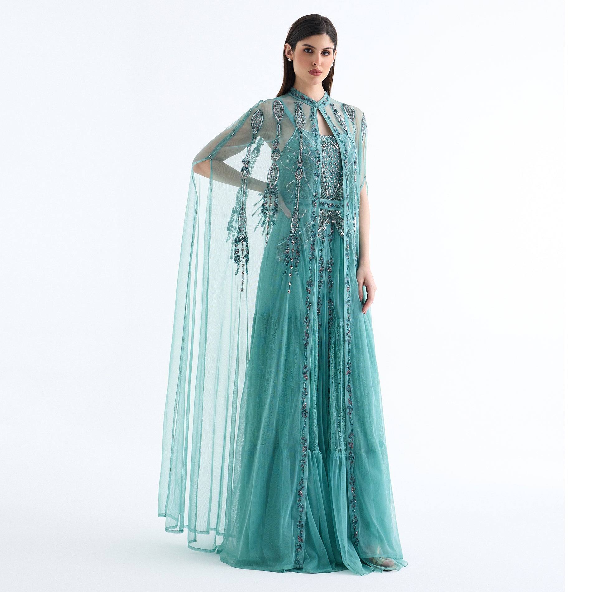 Long Cape Sleeves Elegant Turquoise Soiree Dress Long Cape Sleeves Elegant Turquoise Soiree Dress