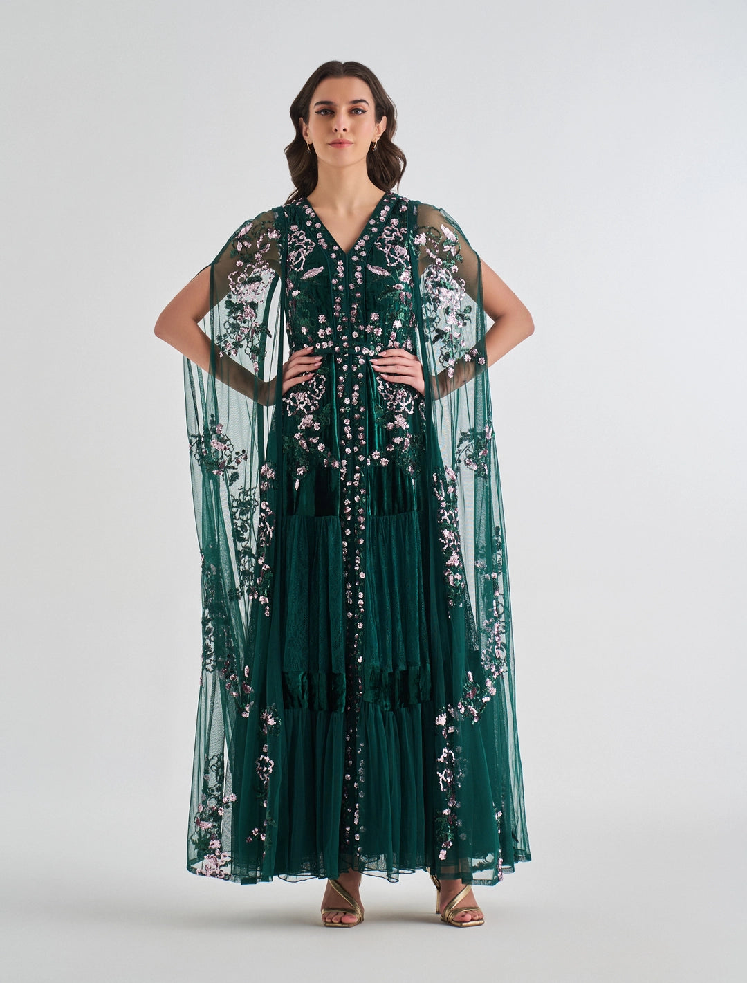 Full-Length Dark Green Evening Dress with Long Chiffon Cape Sleeves Full-Length Dark Green Evening Dress with Long Chiffon Cape Sleeves