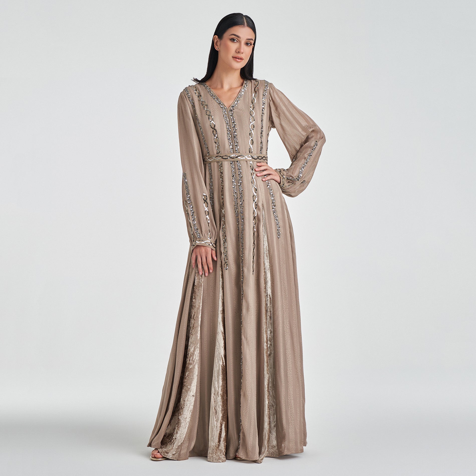 Women's Dress Collection: Long Velvet Beige Dress with Silver Embroidery Women's Dress Collection: Long Velvet Beige Dress with Silver Embroidery
