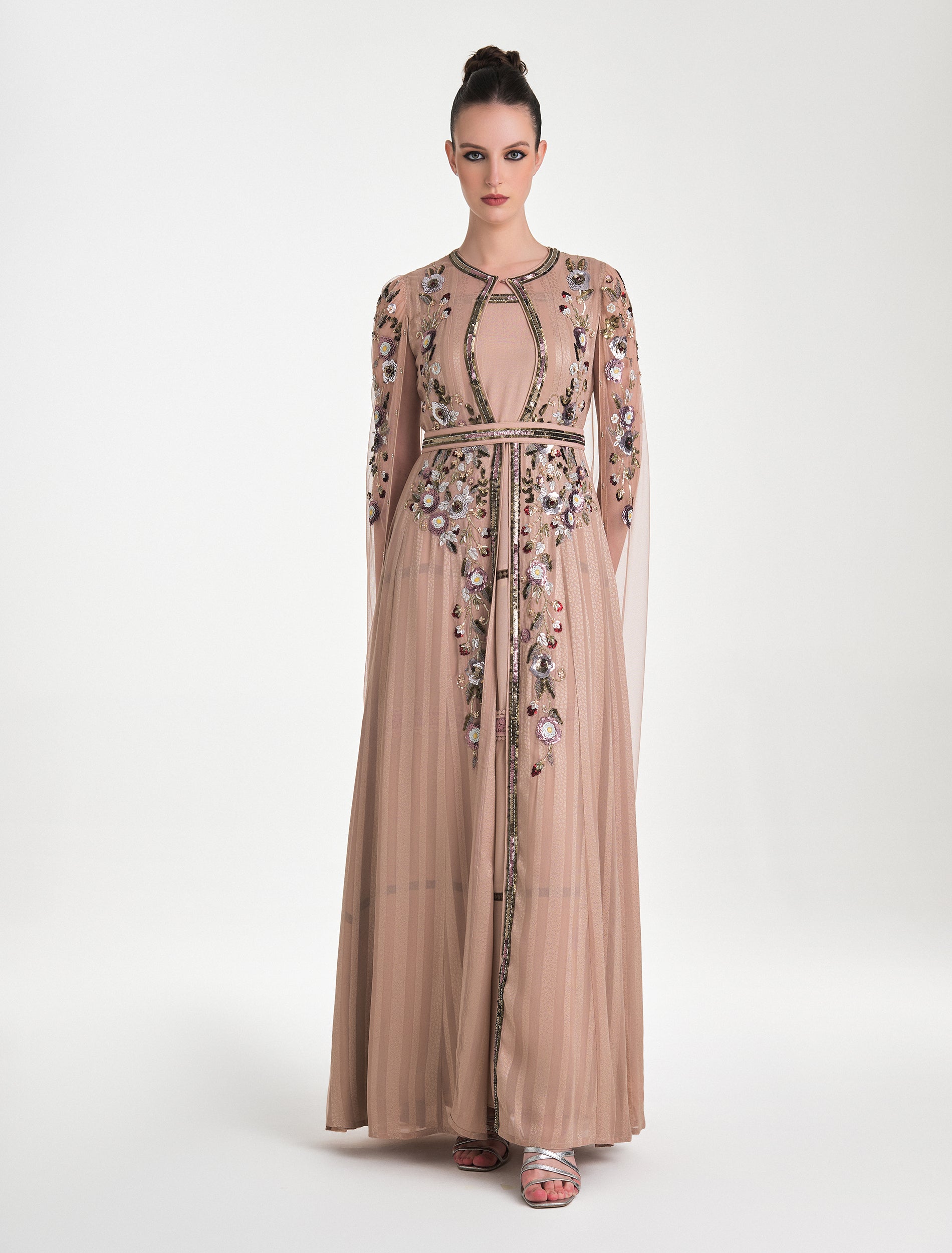Shop Shalky's Long Brown Evening Dress with an Elegant Cape Design Shop Shalky's Long Brown Evening Dress with an Elegant Cape Design
