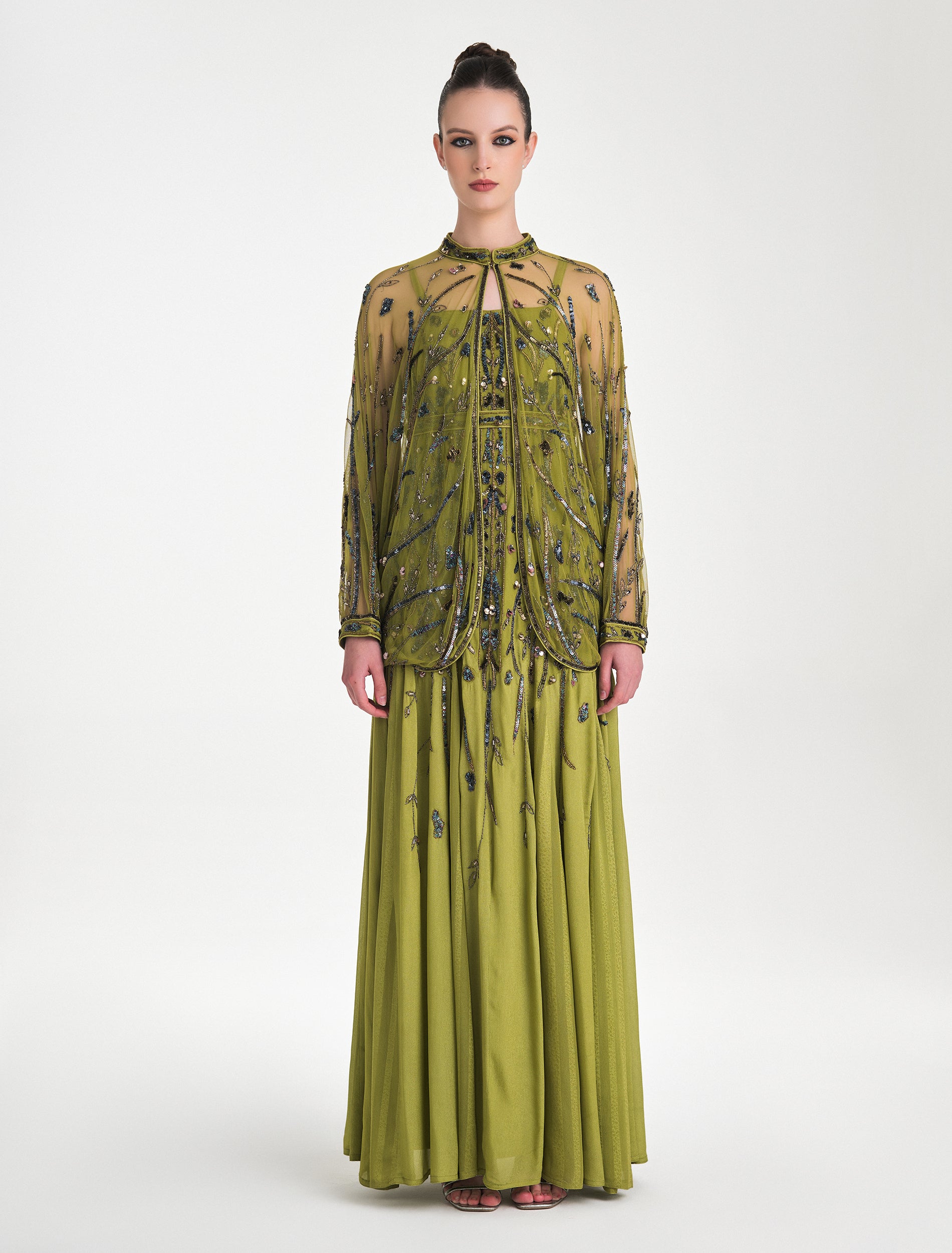 Embroidered Olive-green Evening Dress with Long Chiffon Cape Sleeves Embroidered Olive-green Evening Dress with Long Chiffon Cape Sleeves