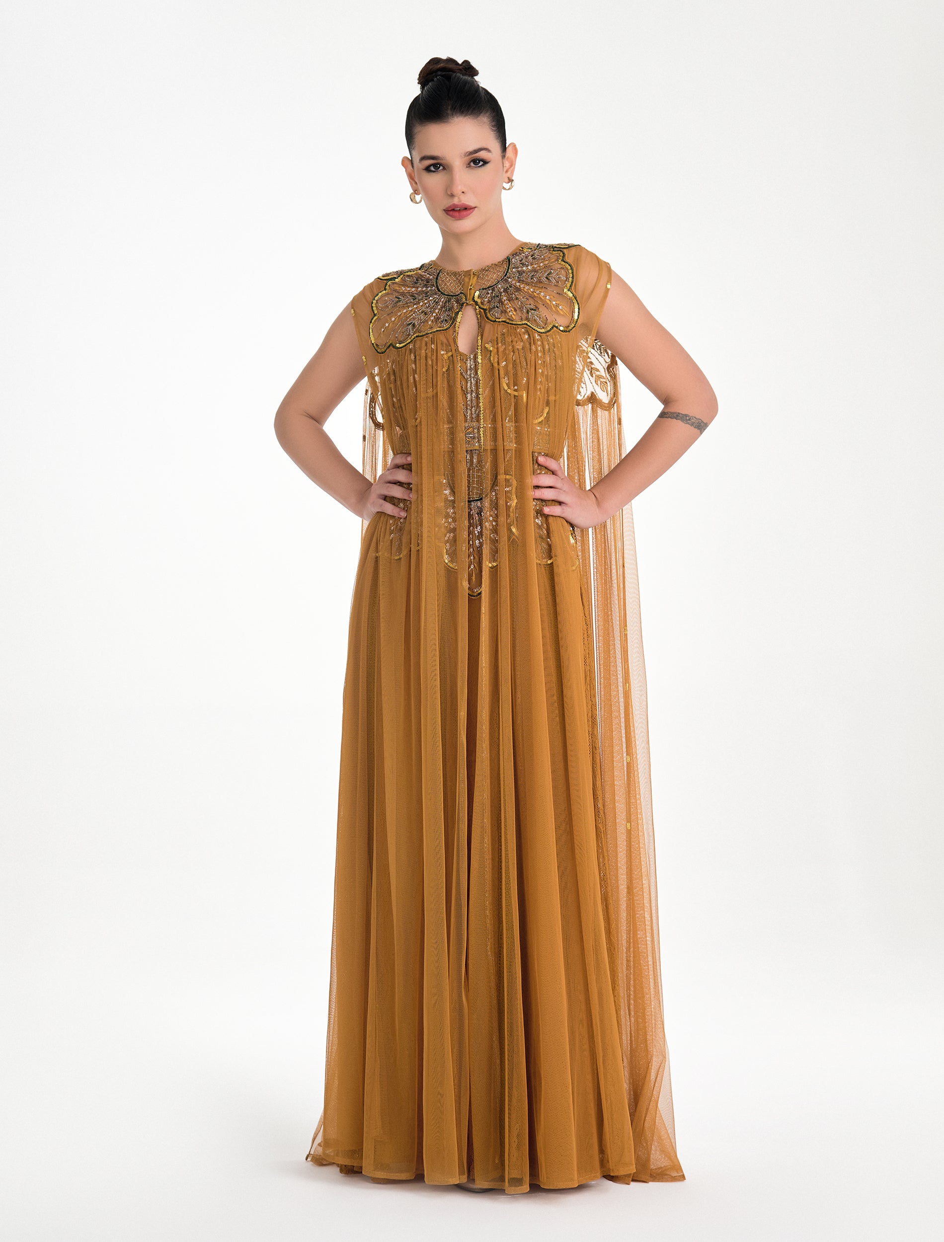 Shine in a Stunning Golden Evening Dress: Embroidered Gold Gown with a Unique Neckline Shine in a Stunning Golden Evening Dress: Embroidered Gold Gown with a Unique Neckline