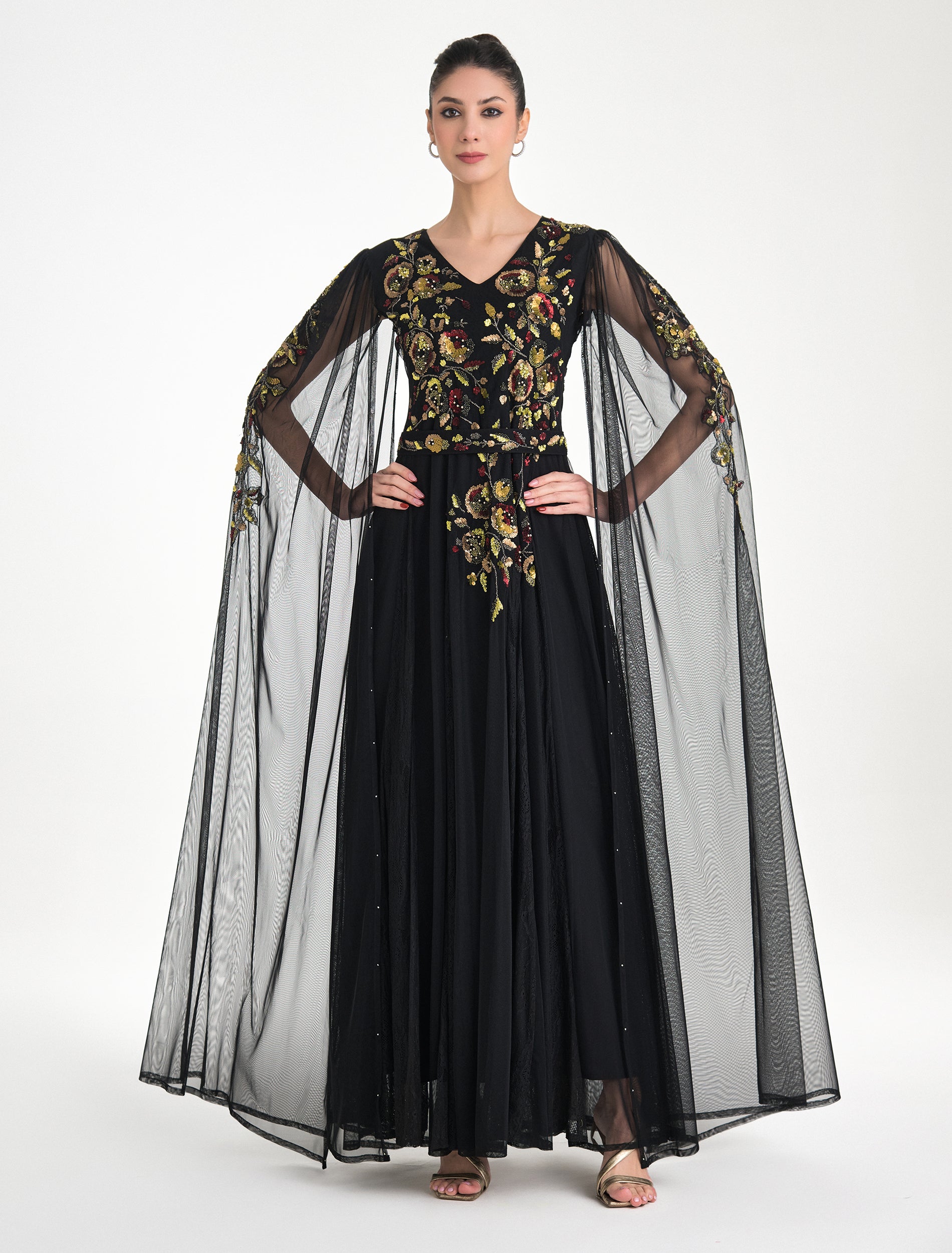 Shalky Black Evening Dress with Chiffon Cape Sleeves