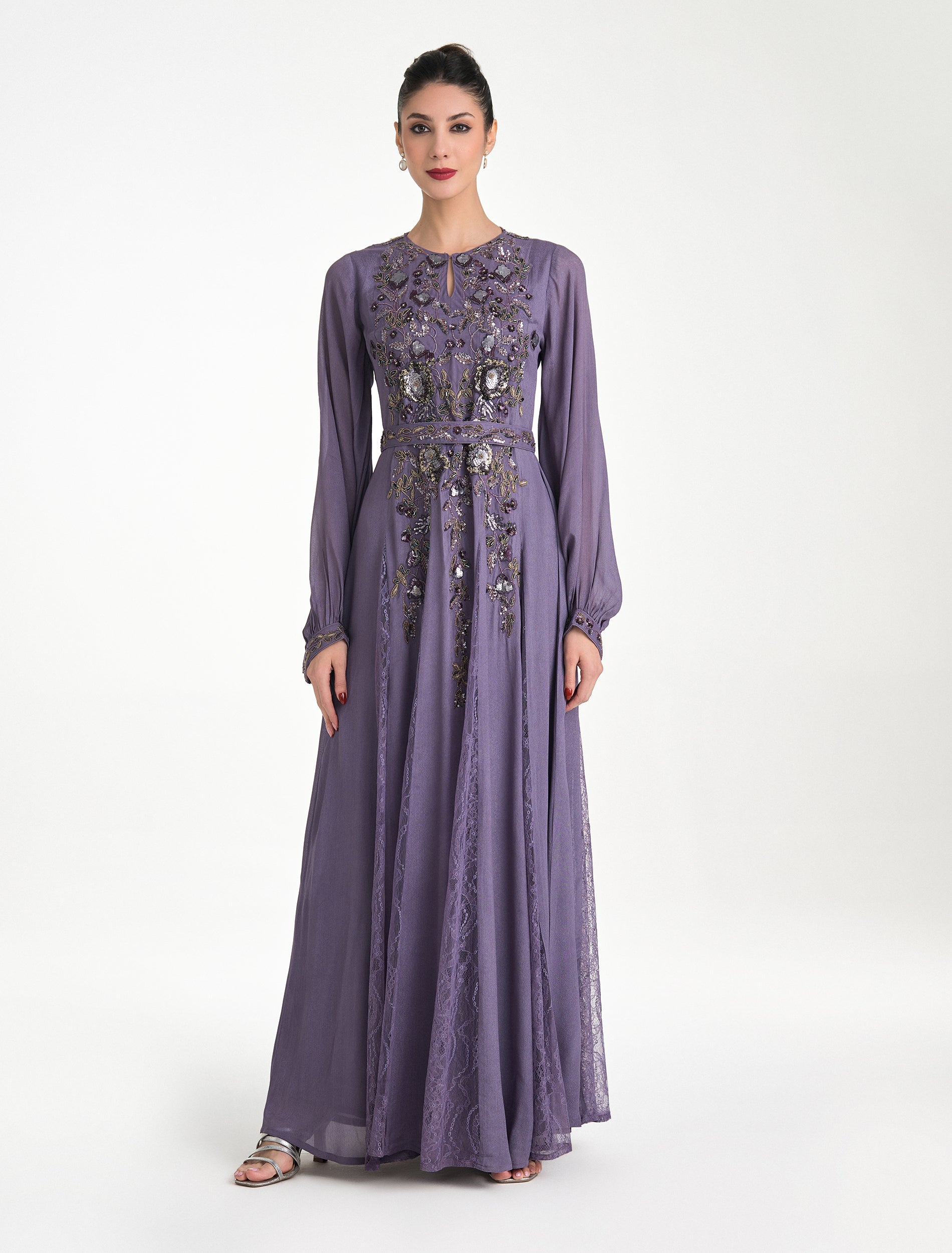 Mauve Long Evening Gown with Beaded Lace &Chiffon Sleeves by Shalky Mauve Long Evening Gown with Beaded Lace &Chiffon Sleeves by Shalky