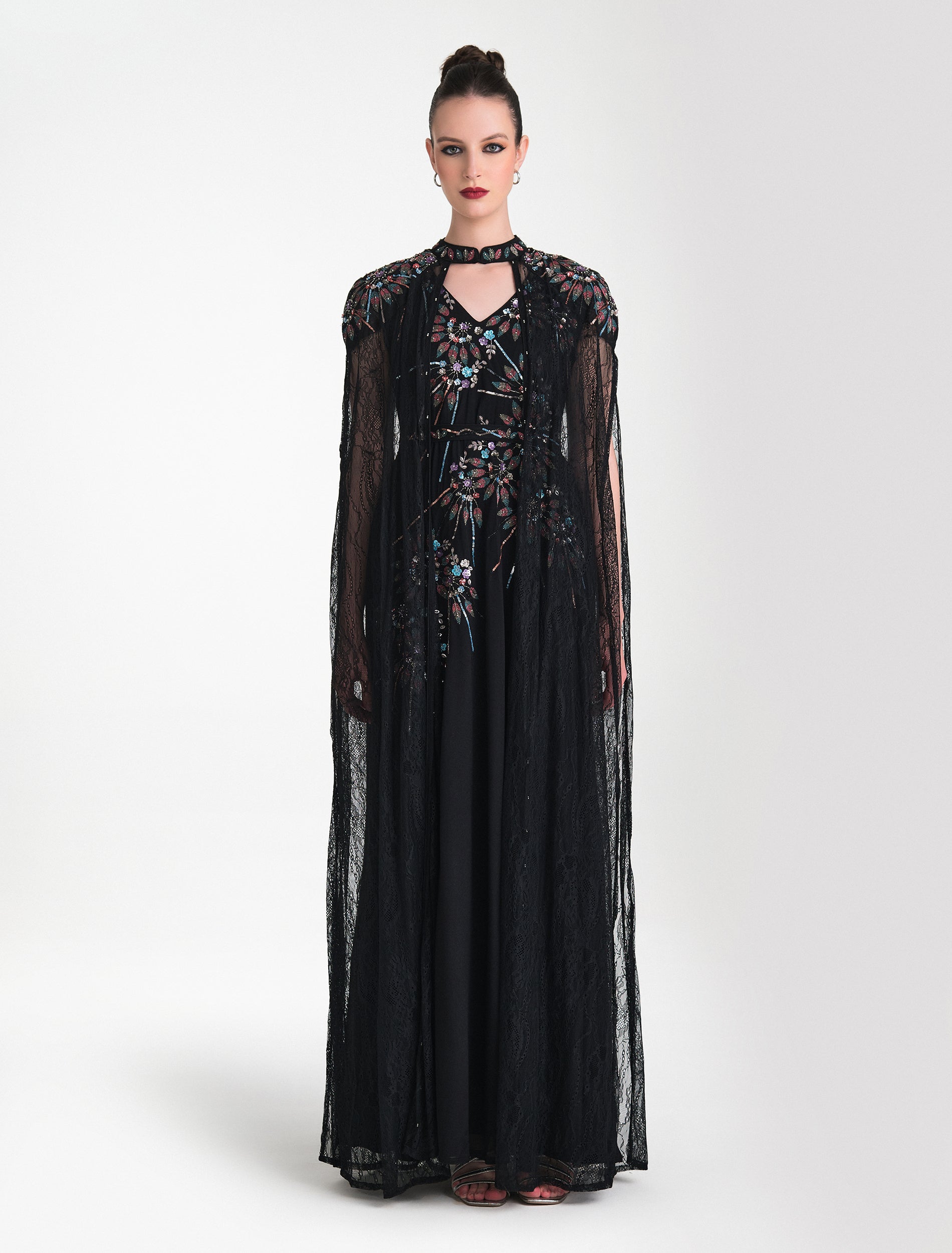 Long black lace dress with royal embroideredcape