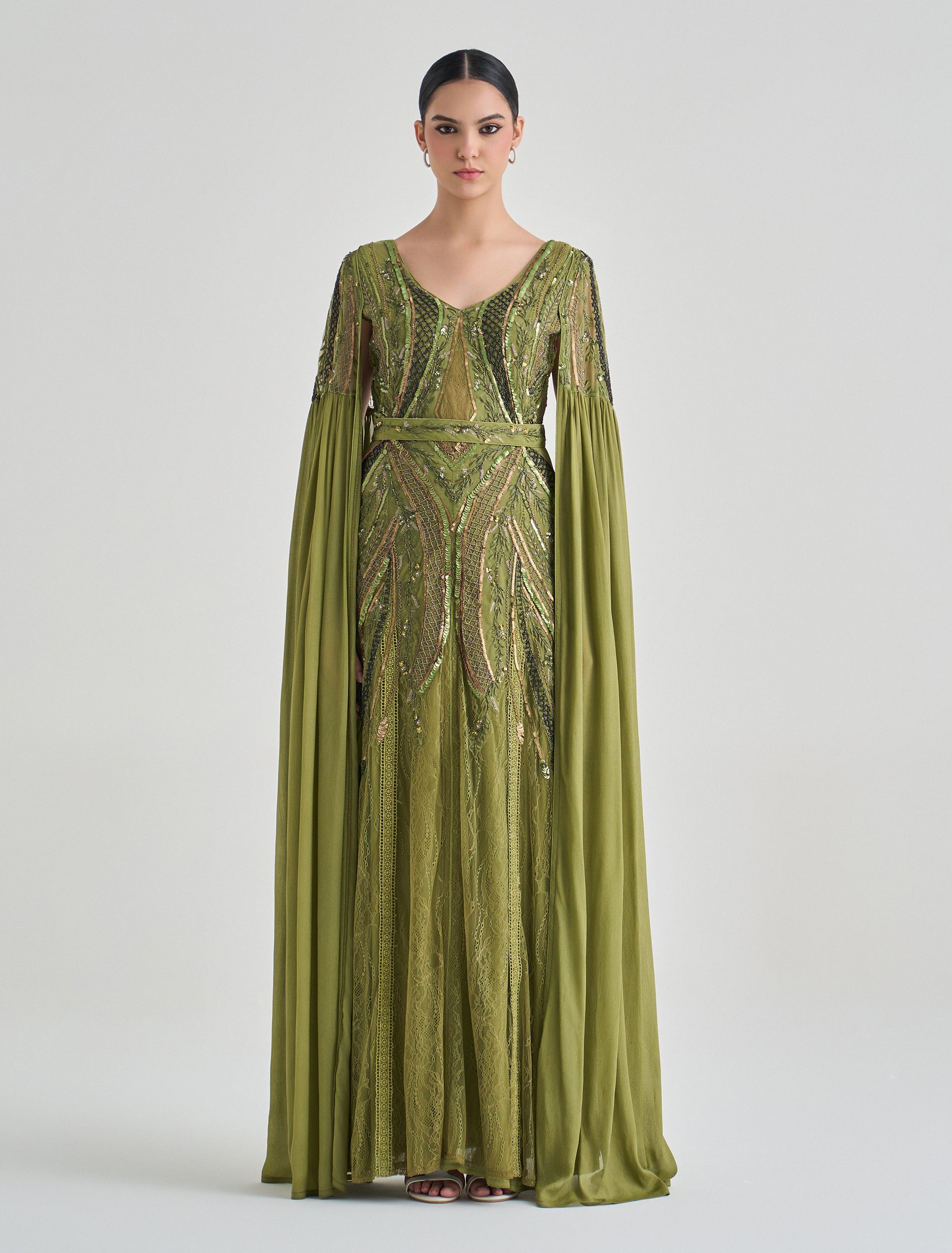 Long-sleeve dress in olive green with a long cape