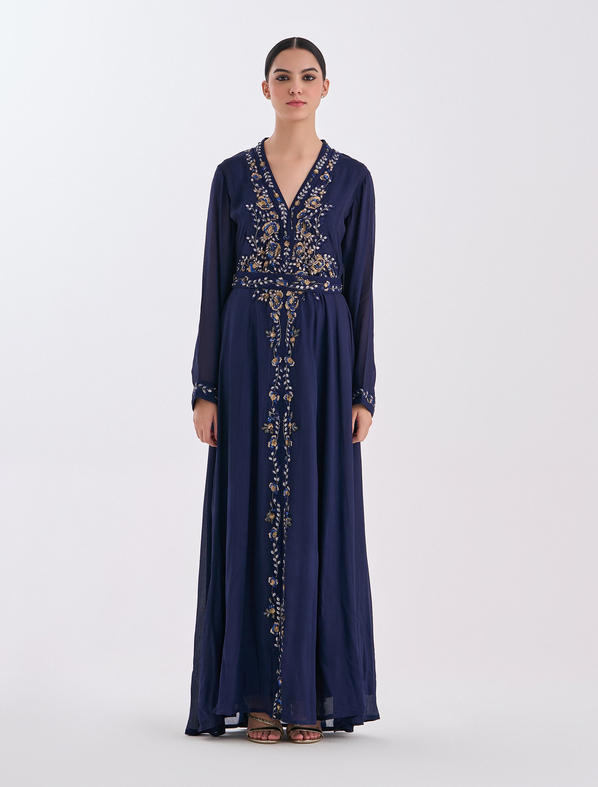 Long-sleeve maxi dress in navy with hand embroidery