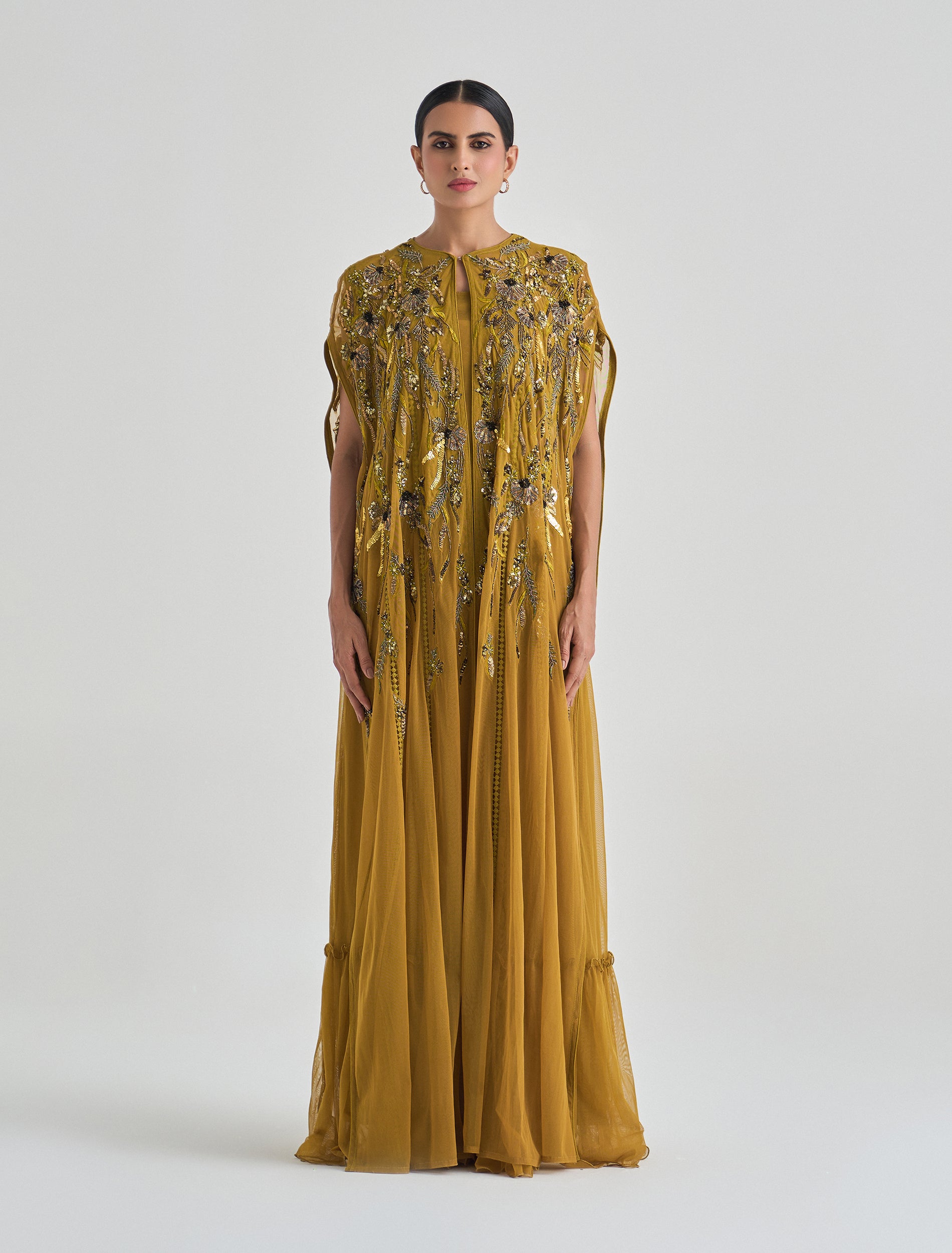 dark mustard yellow dress Dark mustard yellow dress with hand-embroidery tulle cape