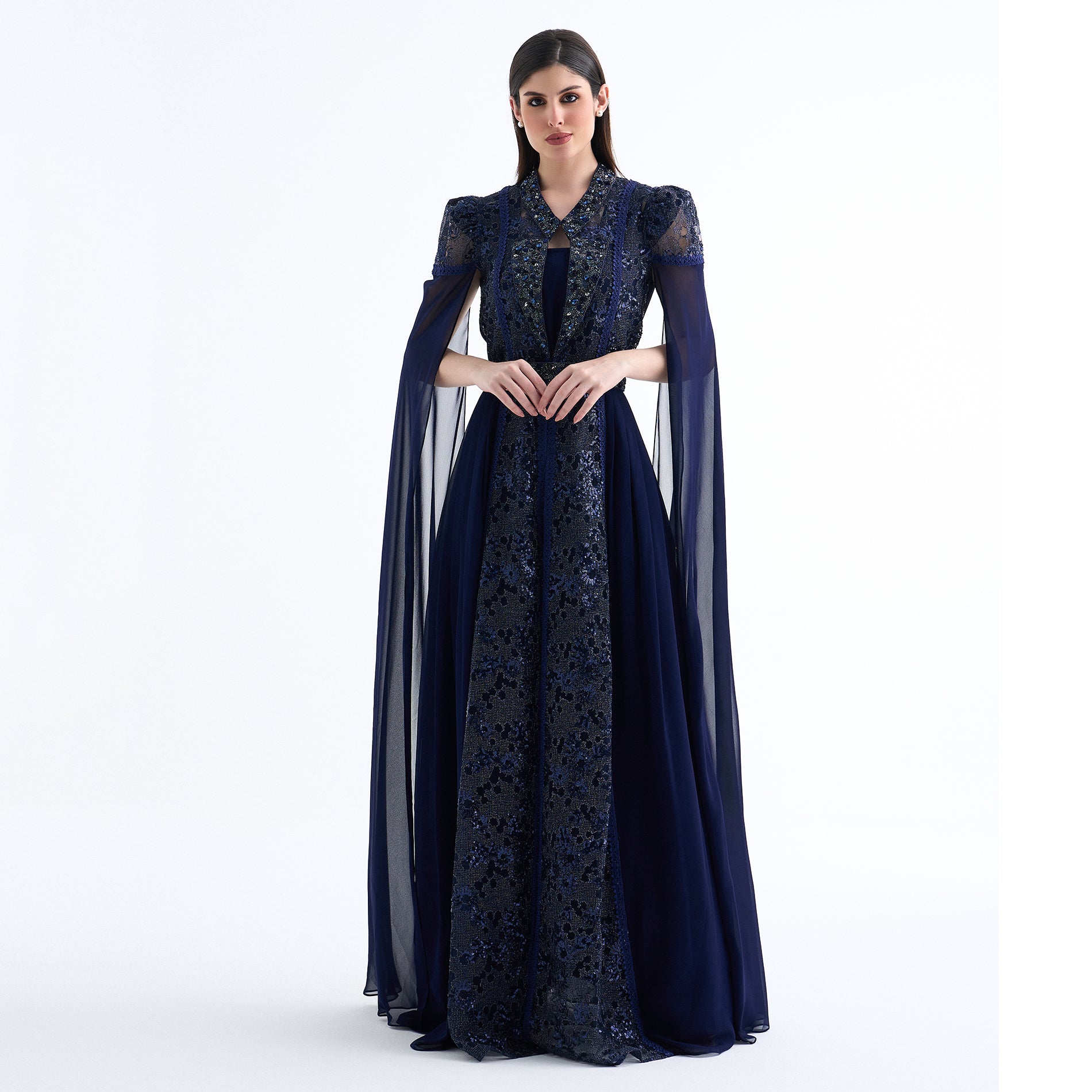 navy blue dress with cape Embellished Cape Detail Maxi Dress Navy Blue
