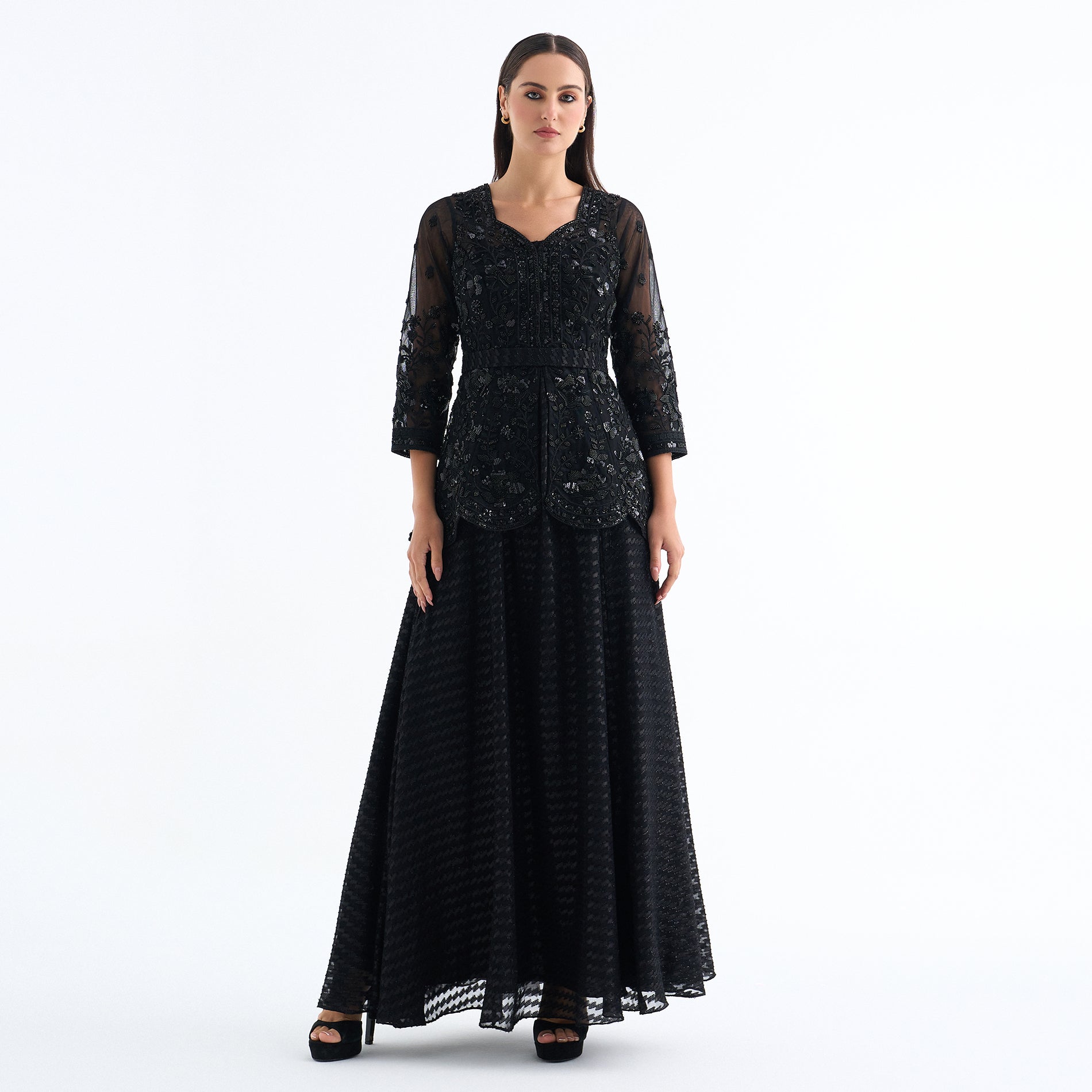 A Long Black Evening Dress with Luxurious Embroidery and Chiffon Sleeves