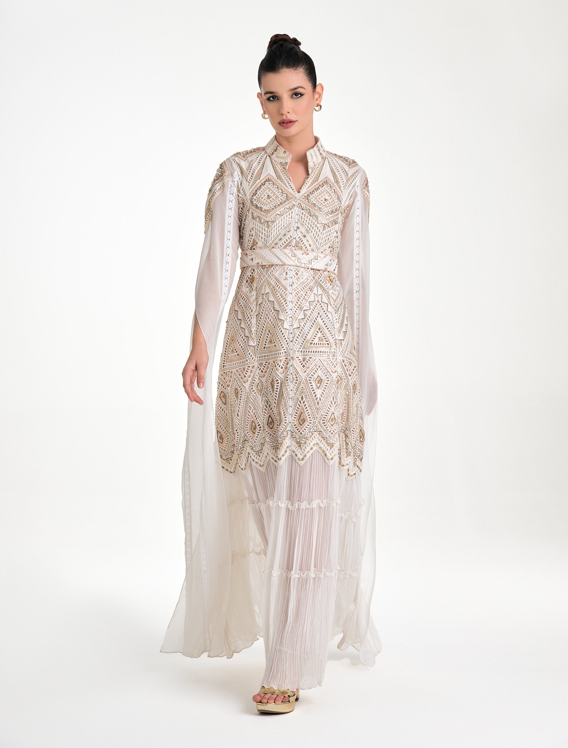 White Evening Dress with Gold Embroidery, a High Neckline, and Cape Sleeves White Evening Dress with Gold Embroidery, a High Neckline, and Cape Sleeves