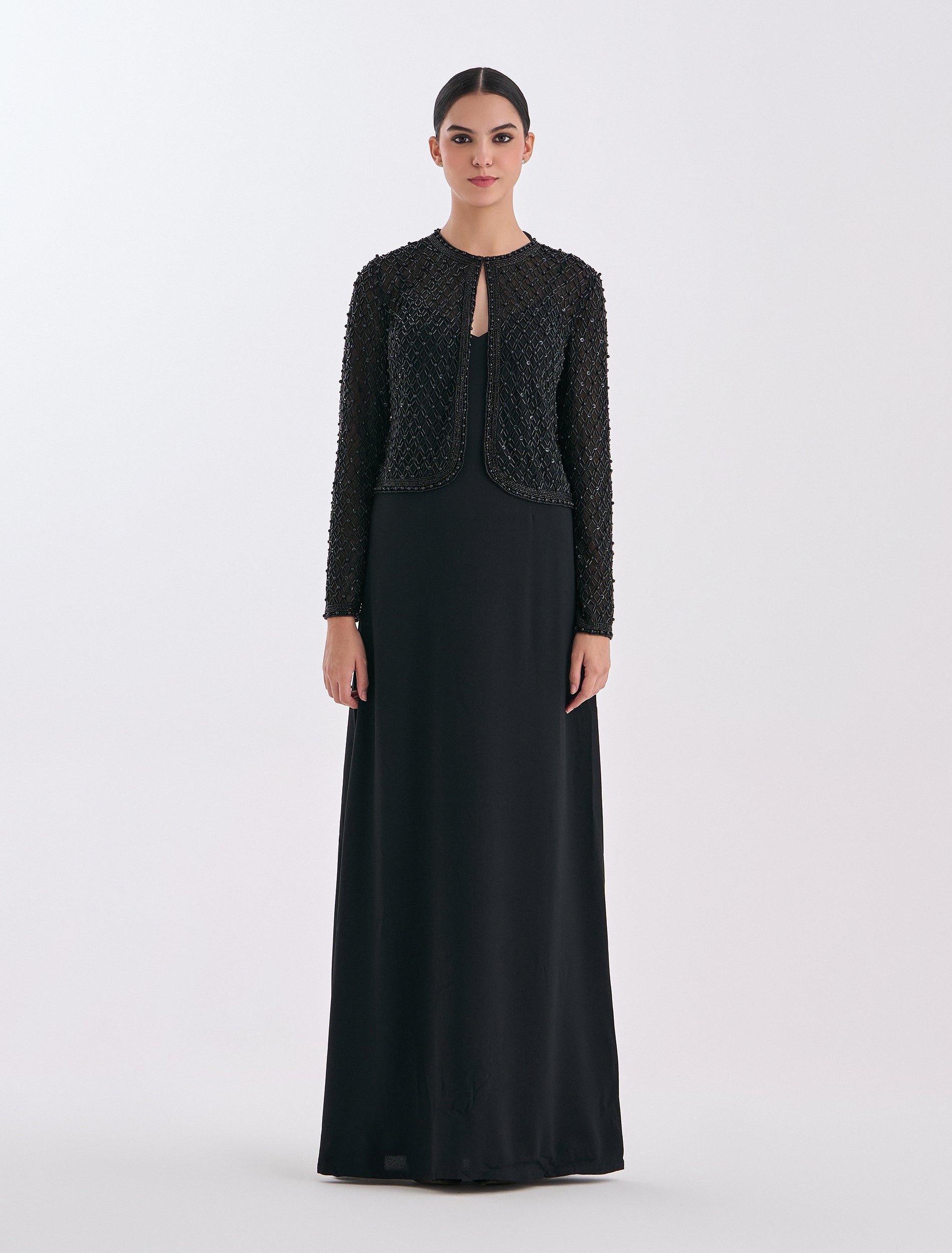 Black Dress with Embroidered Cropped Jacket