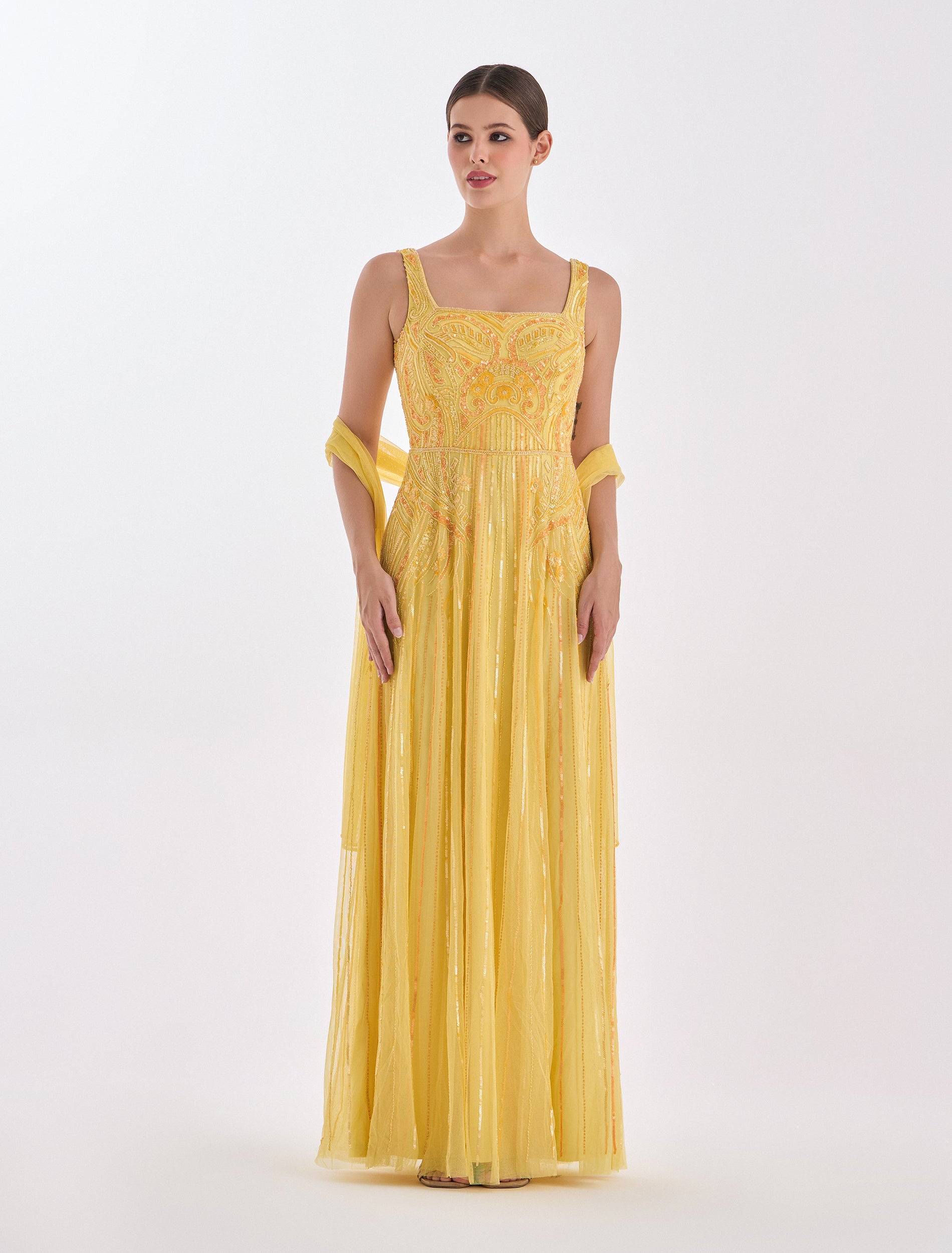 Yellow dress with hand-embroidered tulle shawl
