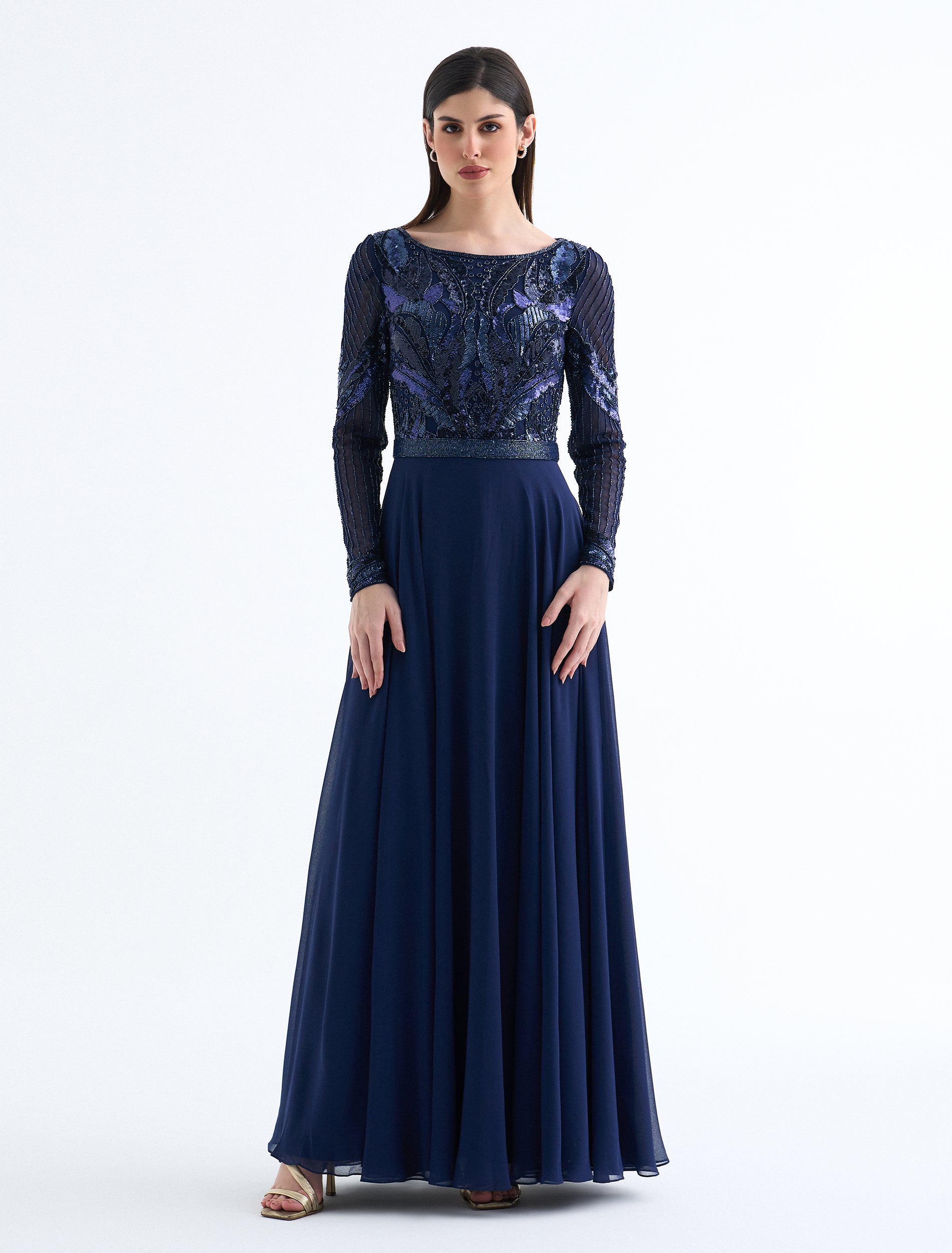 Long-sleeved Navy Blue Dress with Rounded Neckline Long-sleeved Navy Blue Dress with Rounded Neckline