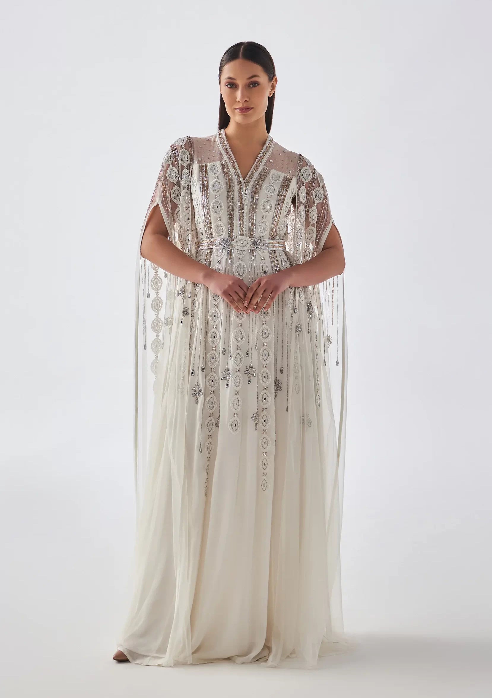 white dress with silver embroidery Veil Haven Bridal Dress Teuta Matoshi