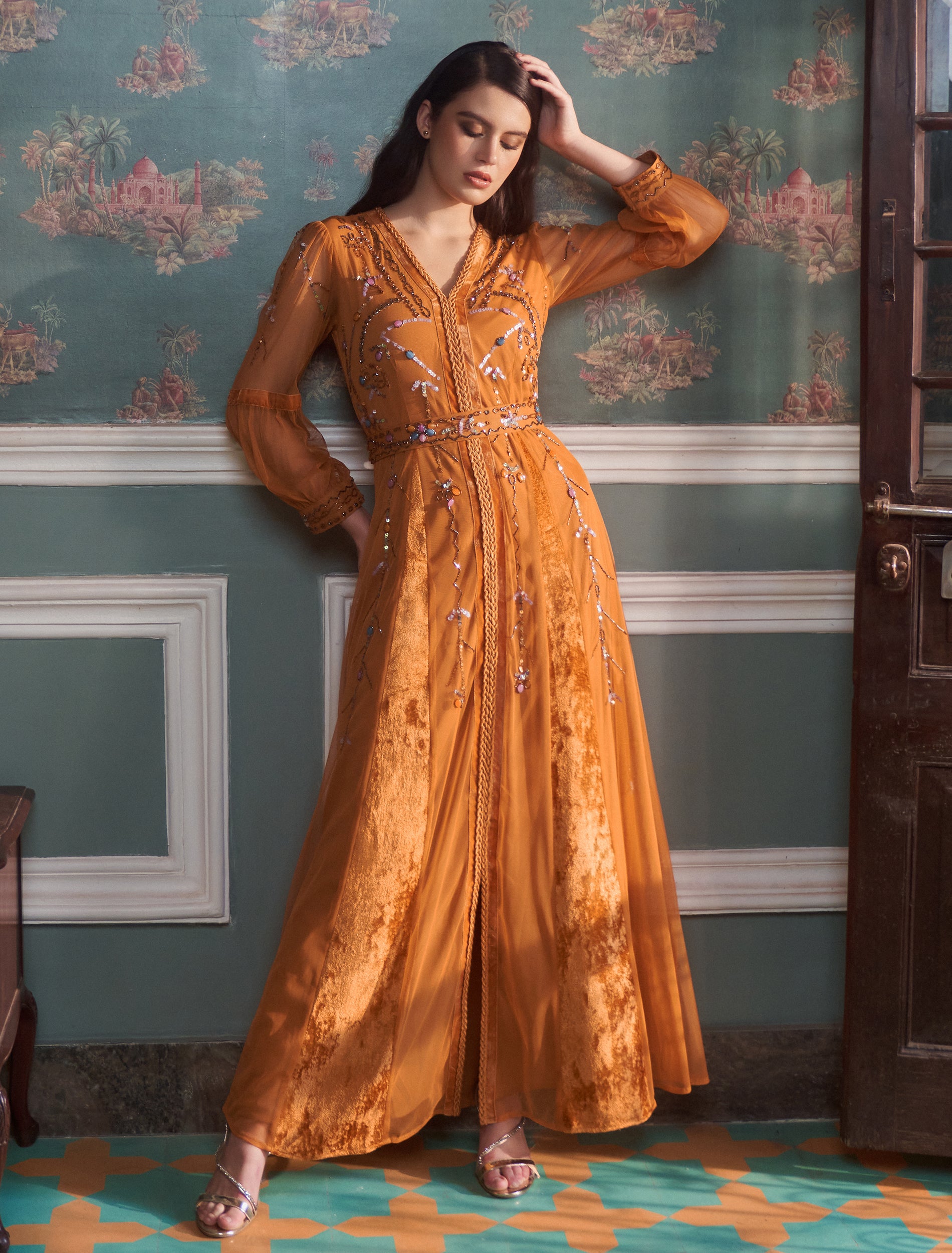 Shine Bright with Shalky's Orange Velvet Dress with Chiffon Sleeves Shine Bright with Shalky's Orange Velvet Dress with Chiffon Sleeves