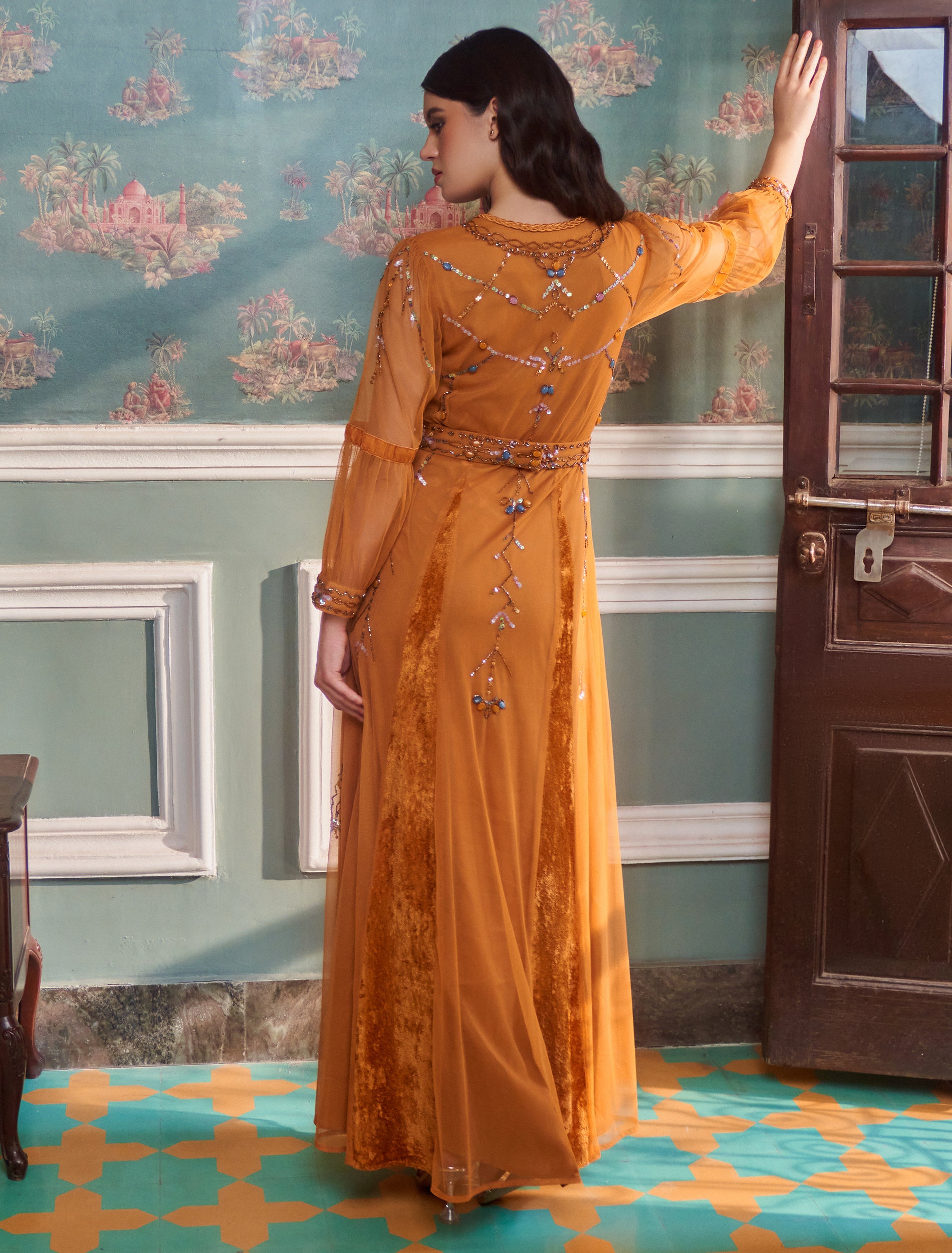 Shine Bright with Shalky's Orange Velvet Dress with Chiffon Sleeves Shine Bright with Shalky's Orange Velvet Dress with Chiffon Sleeves