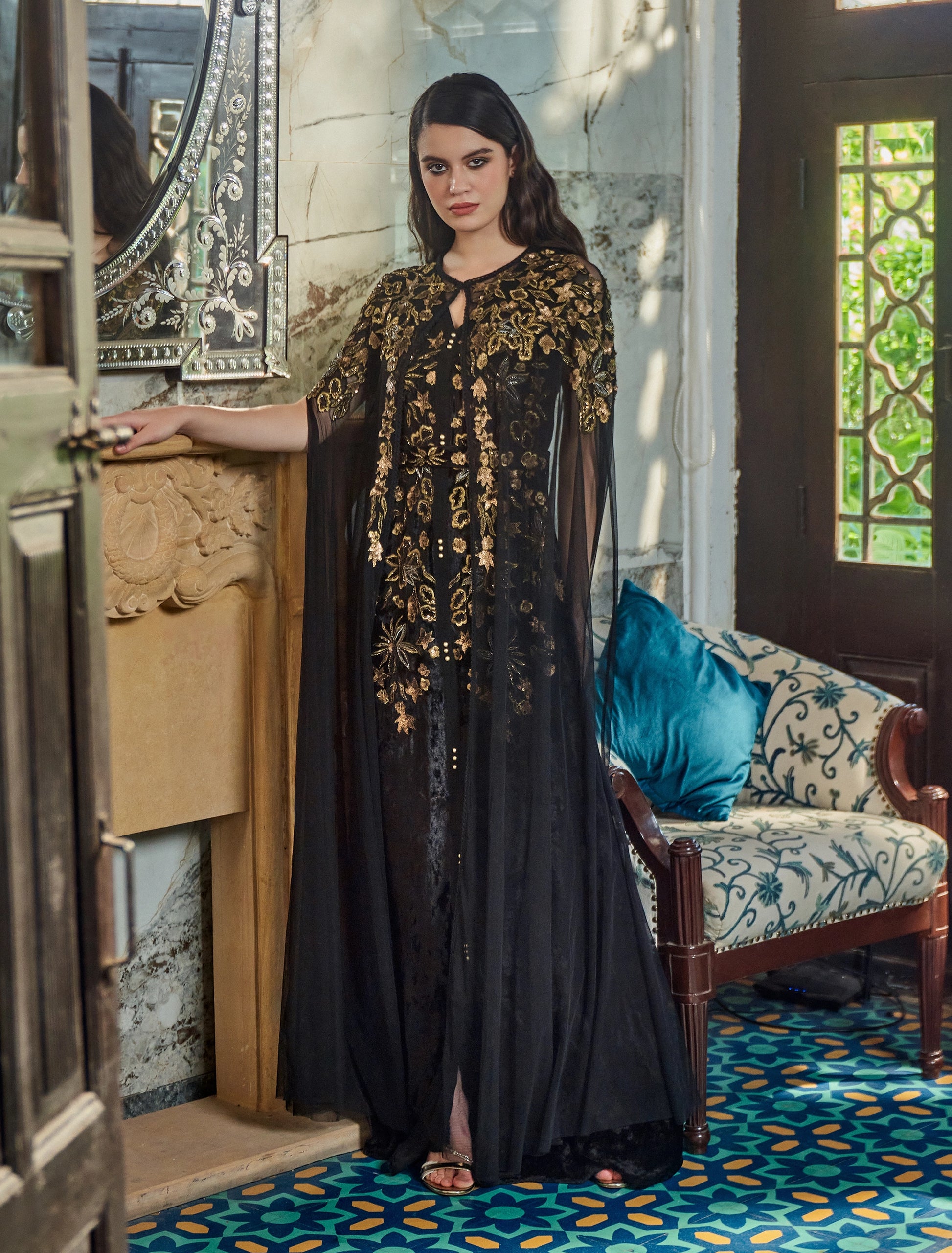 Shine in Shalky's Black Velvet Dress with Gold Embroidery