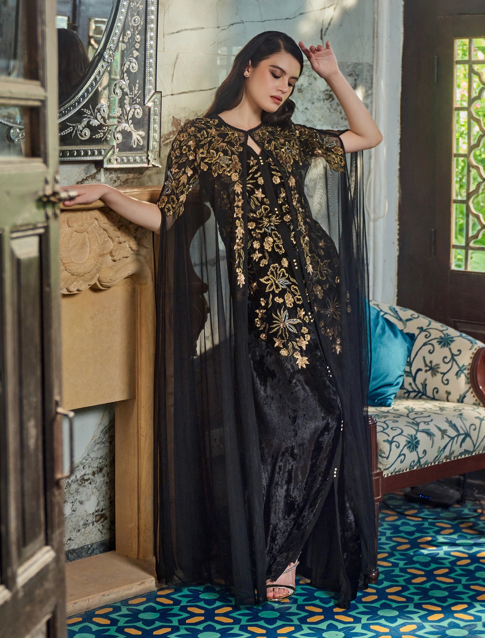 Shine in Shalky's Black Velvet Dress with Gold Embroidery Shine in Shalky's Black Velvet Dress with Gold Embroidery