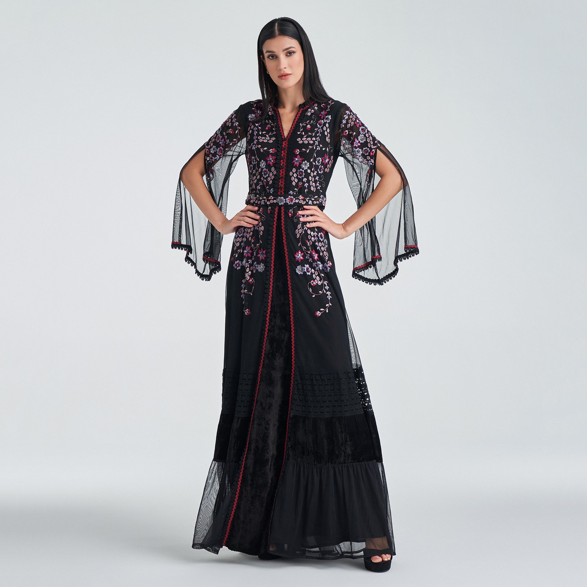Buy a Luxurious Long Black Dress with Chiffon Mesh Sleeves