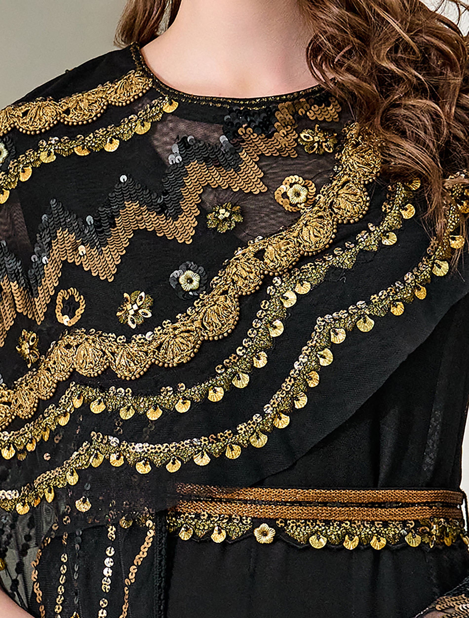 Shop Now: A Striking Black and Gold Dress with Distinctive Embroidery Accents and a Cape! Shop Now: A Striking Black and Gold Dress with Distinctive Embroidery Accents and a Cape!
