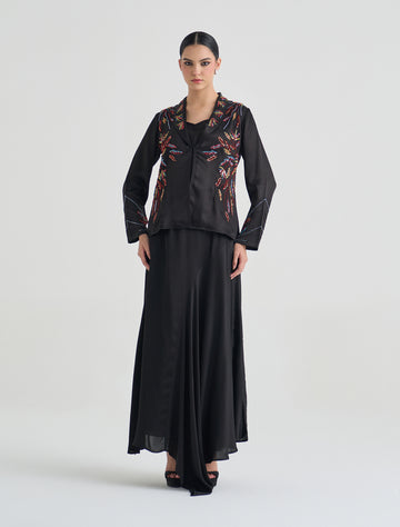 Black Two-Piece Set with Hand-Embroidered Jacket