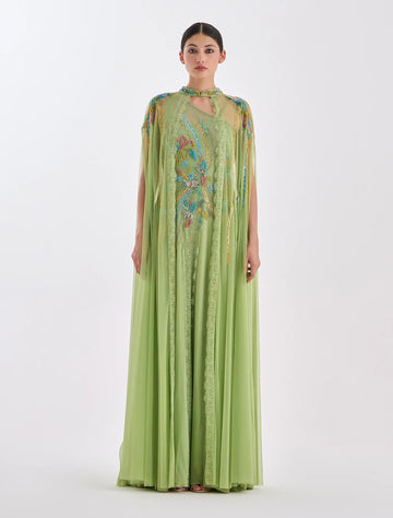Floral Light Green Evening Dress with Sheer Sleeves