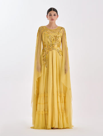 اجمل فستان اصفر مع أكمام كاب أنيقة