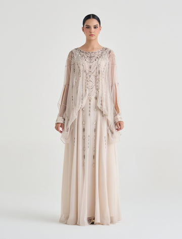 فستان بيج طويل مطرّز يدويا