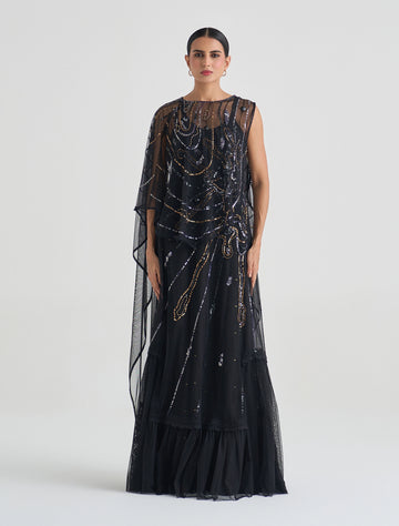 فستان بكتف واحد طويل بلون أسود أنيق